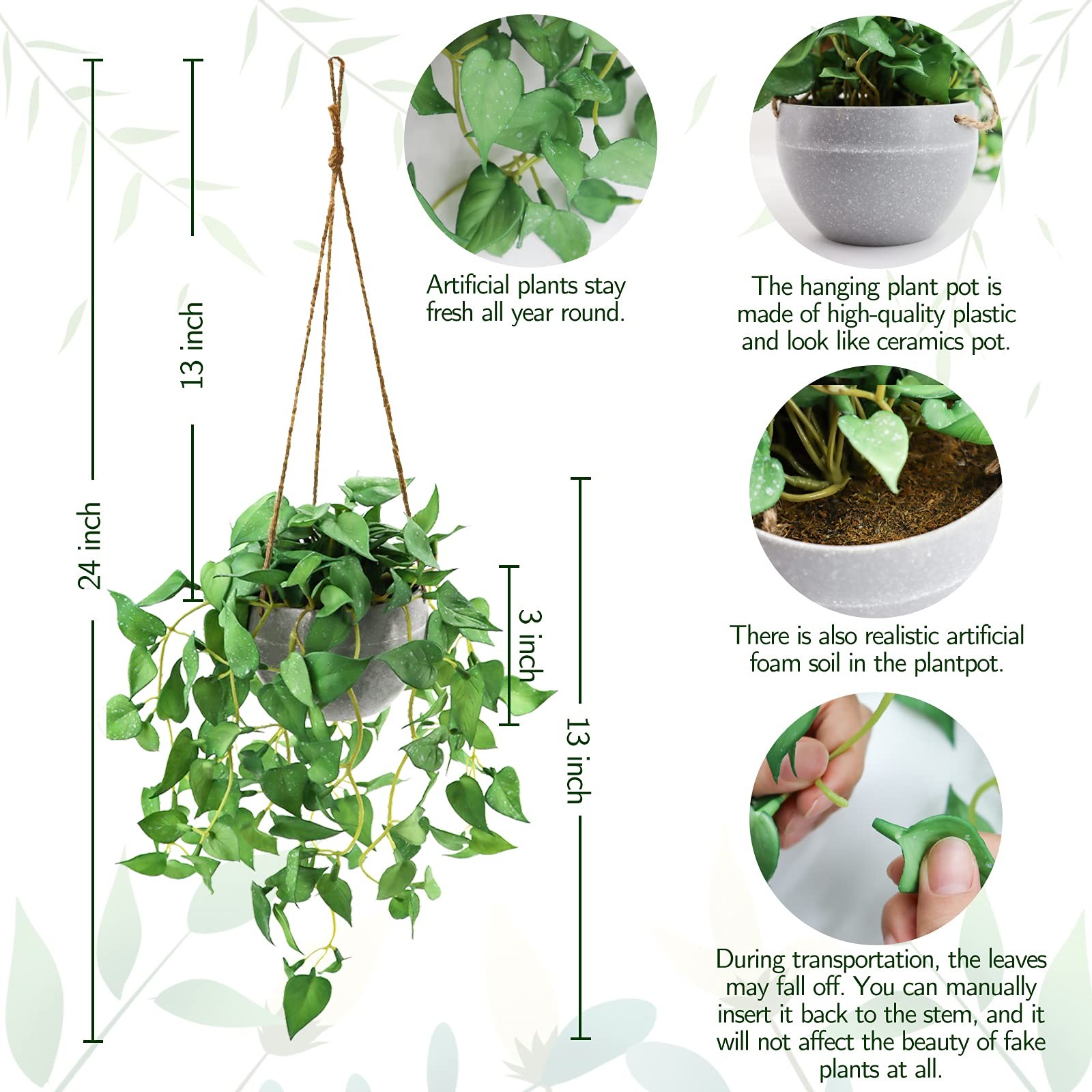 TNNTOPELE Hanging Plant Fake Plants with Pots, 2 Pack Artificial Plants, Faux…