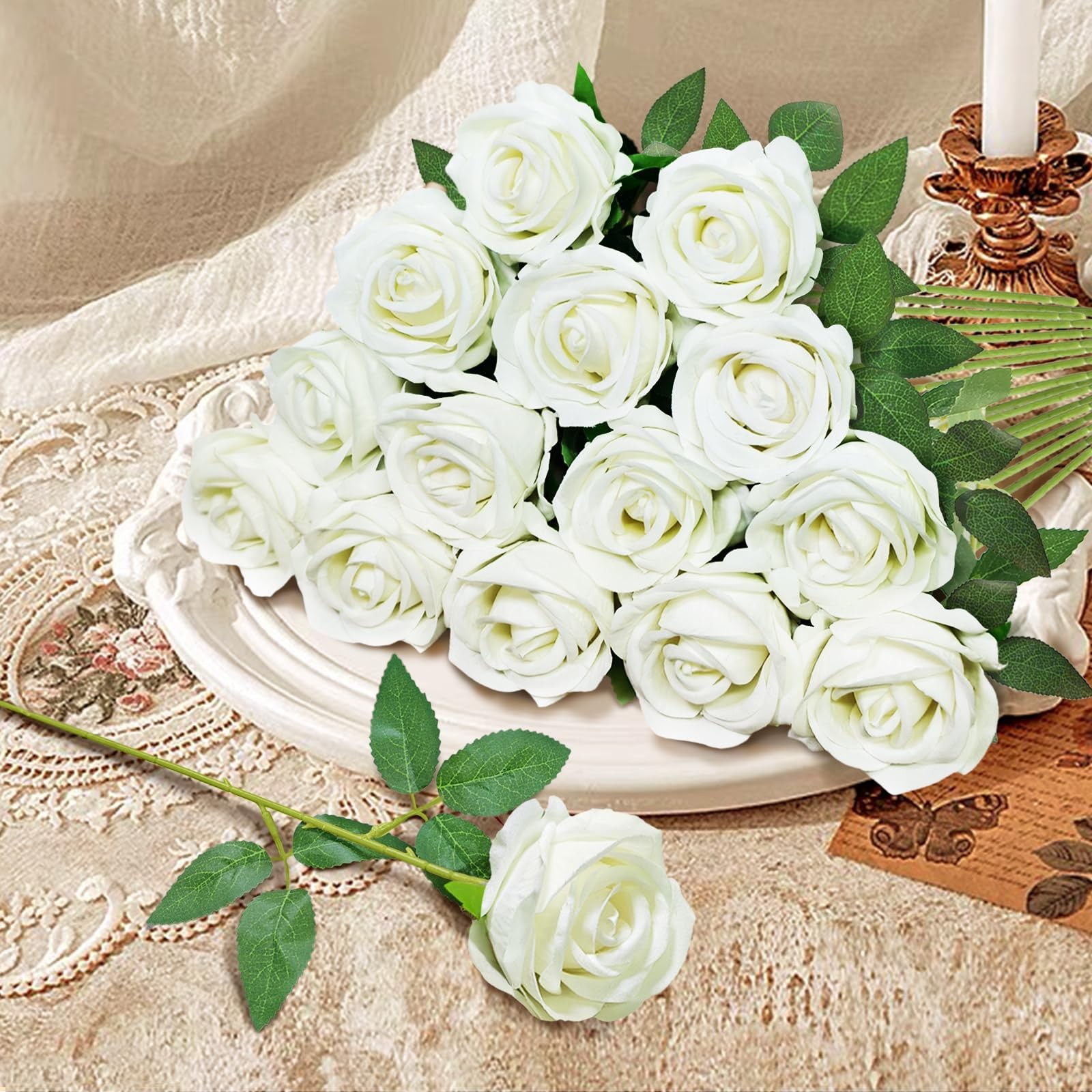 22 Pcs Artificial White Roses with Stems – Velvet Faux Flowers Bulk for Weddi…