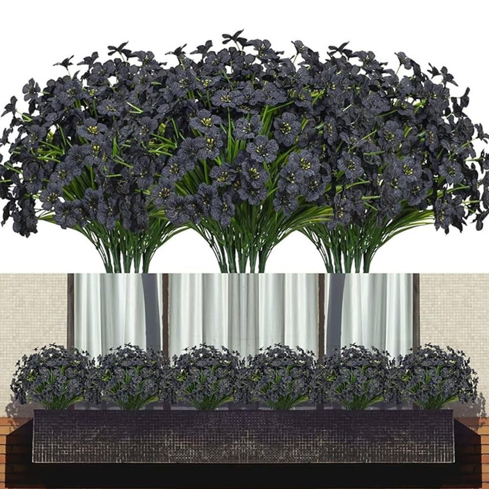 12 Bundles Black Silk Flowers – UV Resistant Artificial Plants for Garden Decor
