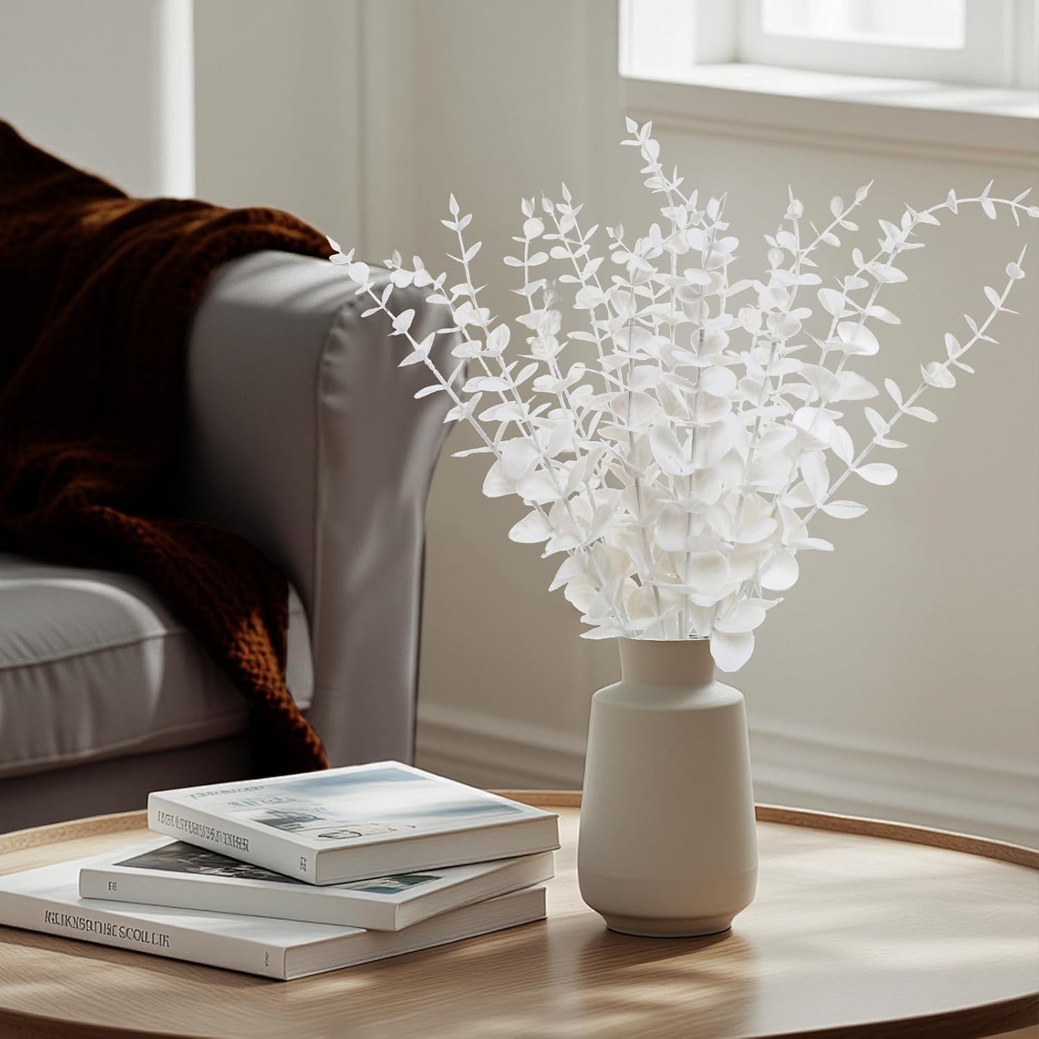 18pcs White Eucalyptus Stems Greenery Stems Fake Leaves Artificial Flowers Bo…