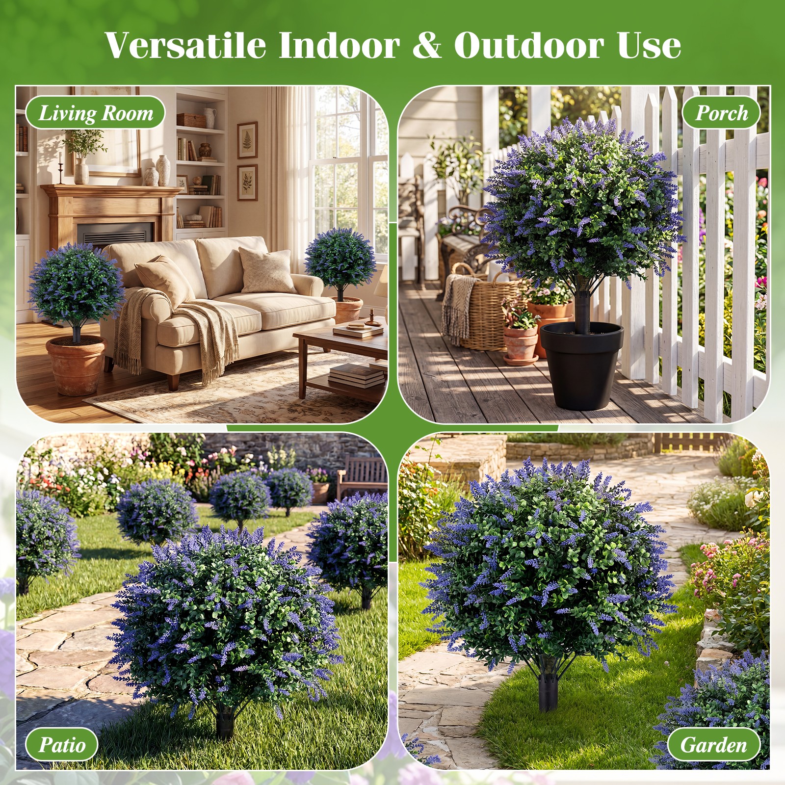 2Pack Artificial Lavender Boxwood Topiary Ball Trees, Faux Floral Shrubs, Patio