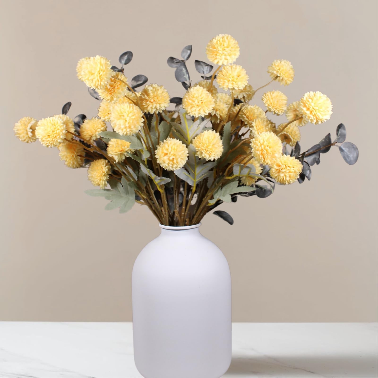 Yellow Flowers Artificial Long Stems Kiku Flower With Eucalyptus, Spring Flo…