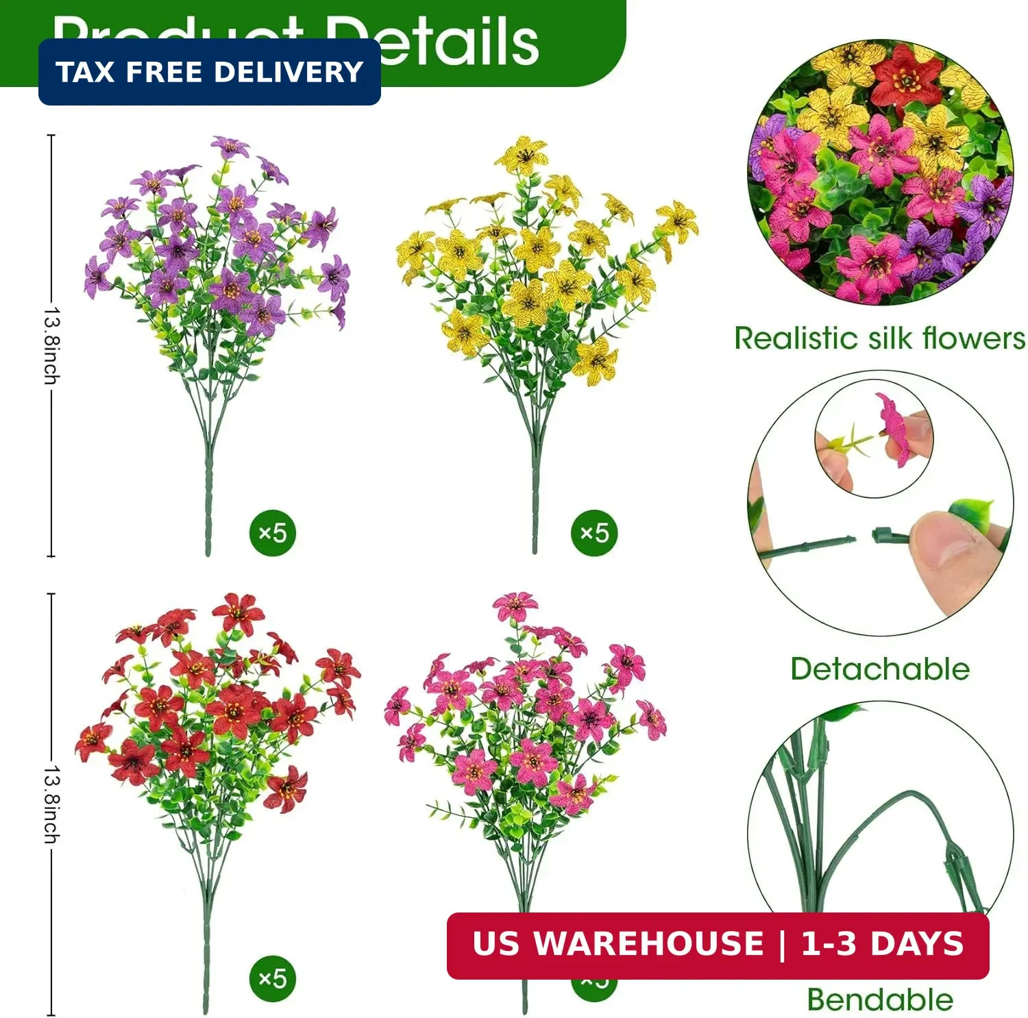 20 Bundles Artificial Flowers for Outdoors, Fake Silk Flowers UV Resistant Faux