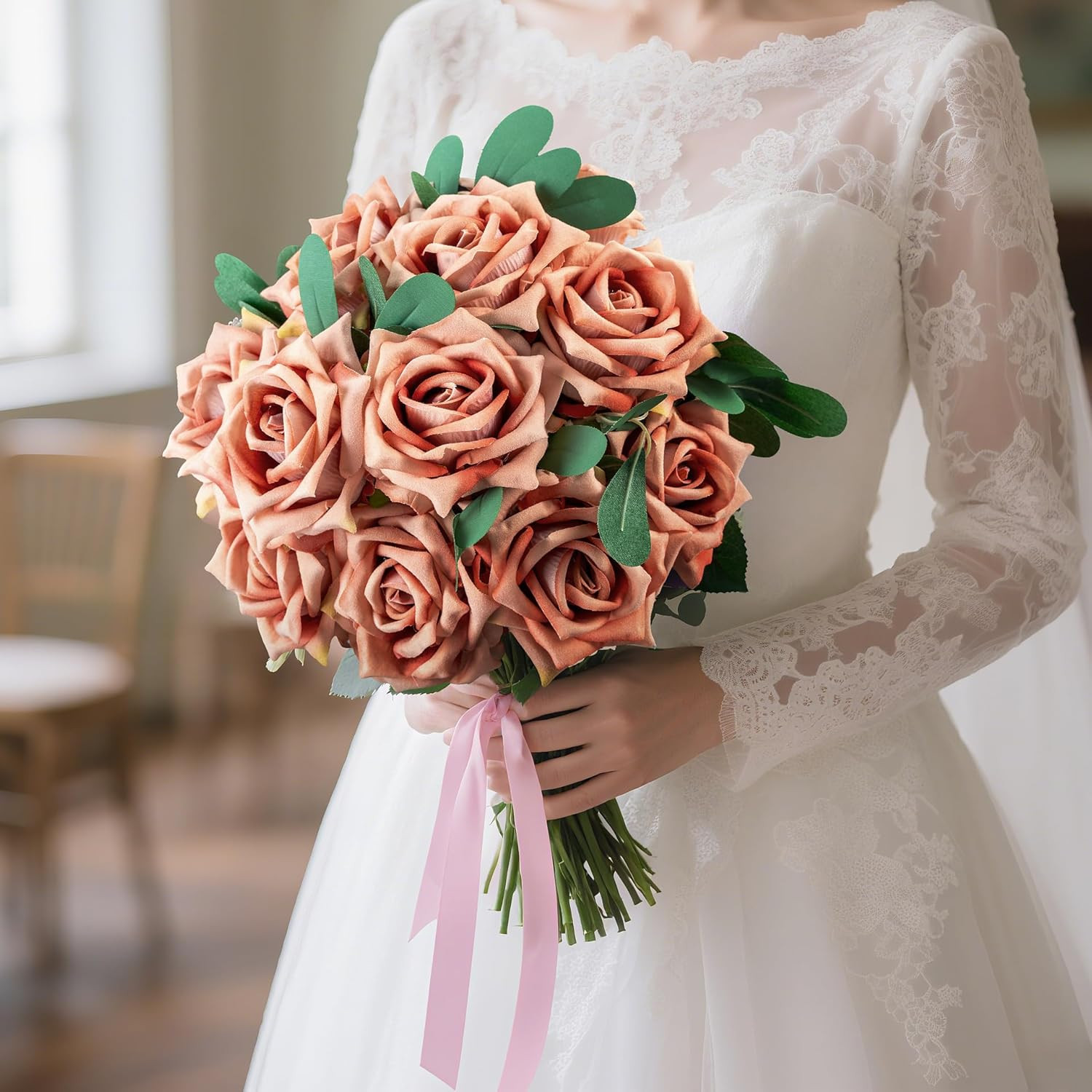 Fake Roses Faux Flowers Silk Roses 16.5In Artificial Roses with Stems Realistic