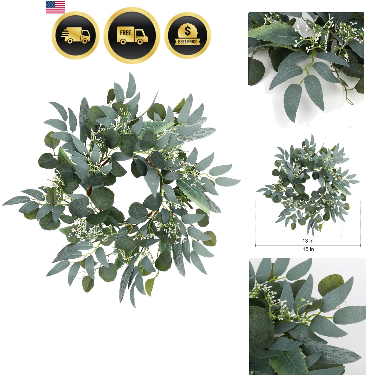 Artificial Green Eucalyptus Wreath 15 Inches Indoor Outdoor Front Door Decor