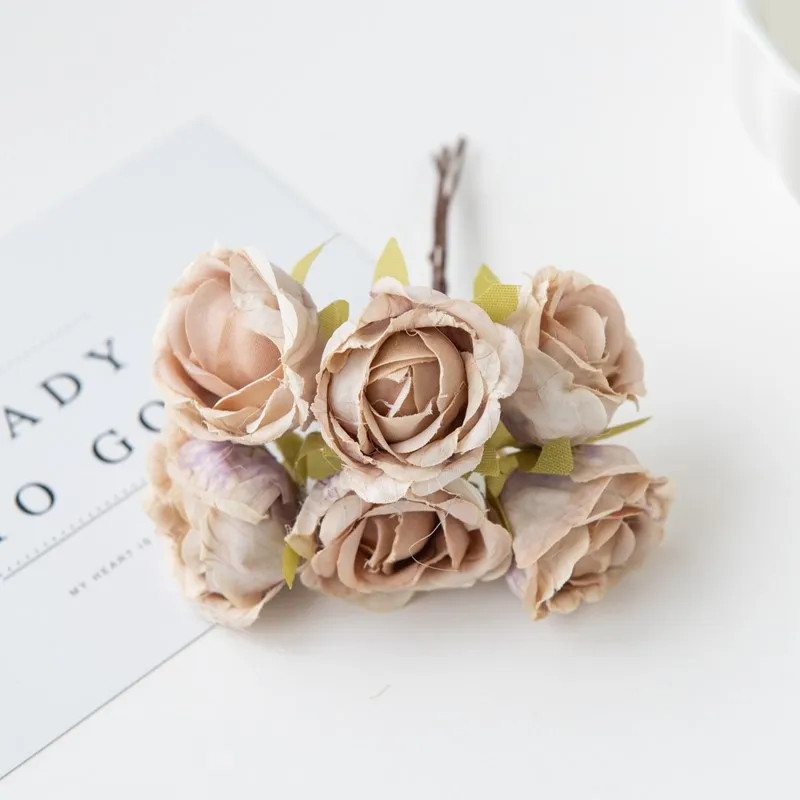 6Pcs Artificial Silk Tea Rose Mini Bouquet for Wedding Christmas Diy Home Decor