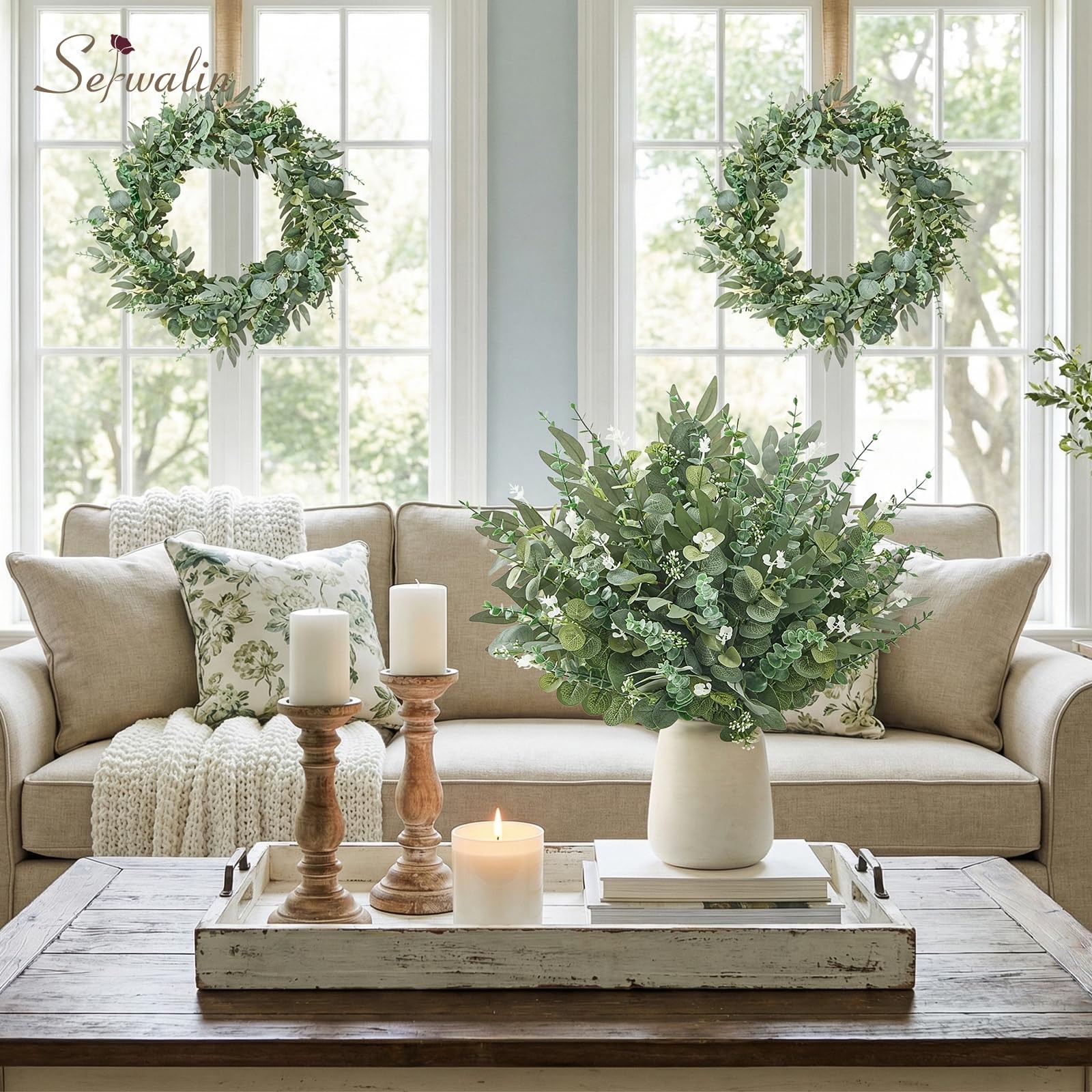 100Pcs Artificial Greenery Stems, Faux Eucalyptus Stems Bulk with Fake Leaves…