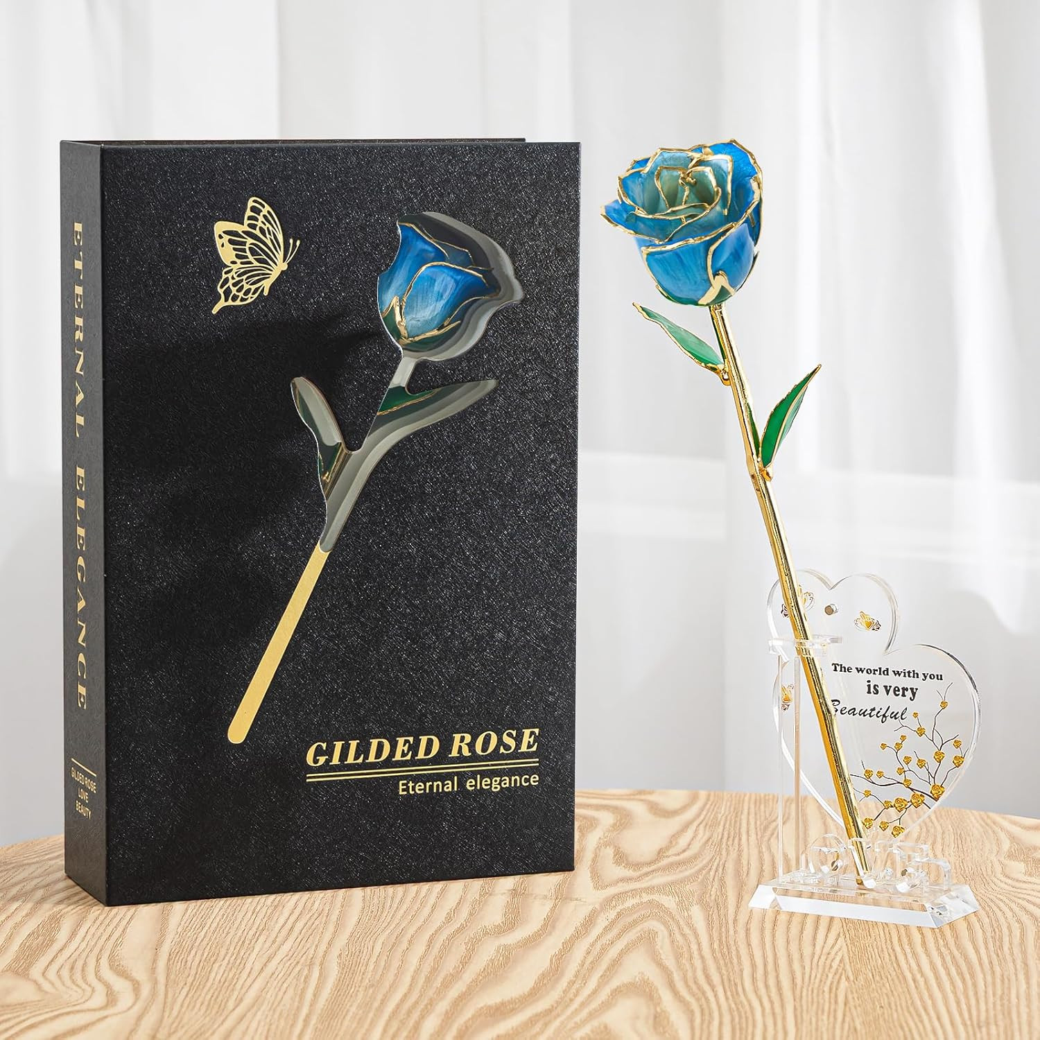 24K Gradient Blue Gold Dipped Realistic Rose Gift Set – Passionate Ombre Eter…
