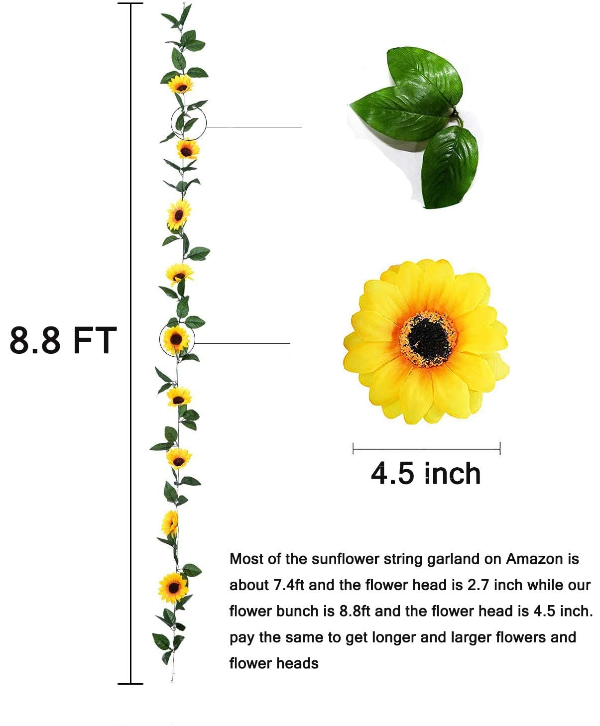 Artificial Sunflower Garland 2 Pack 8.8FT 100 LED Lights Indoor Outdoor