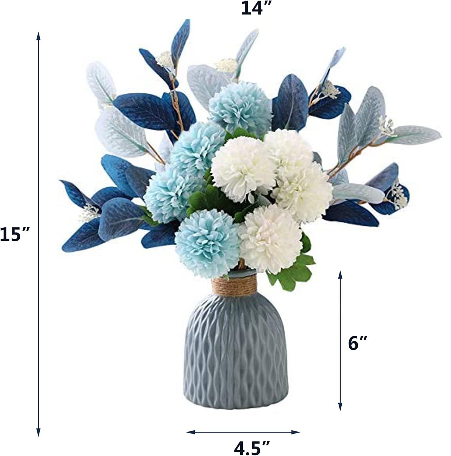 Blue Artificial Flower Bouquet in Ceramic Vase, White and Blue Ball Chrysanth…
