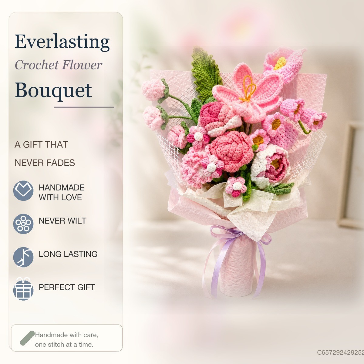 Large Pink Crochet Rose Bouquet Anniversary Wedding Gift for Her