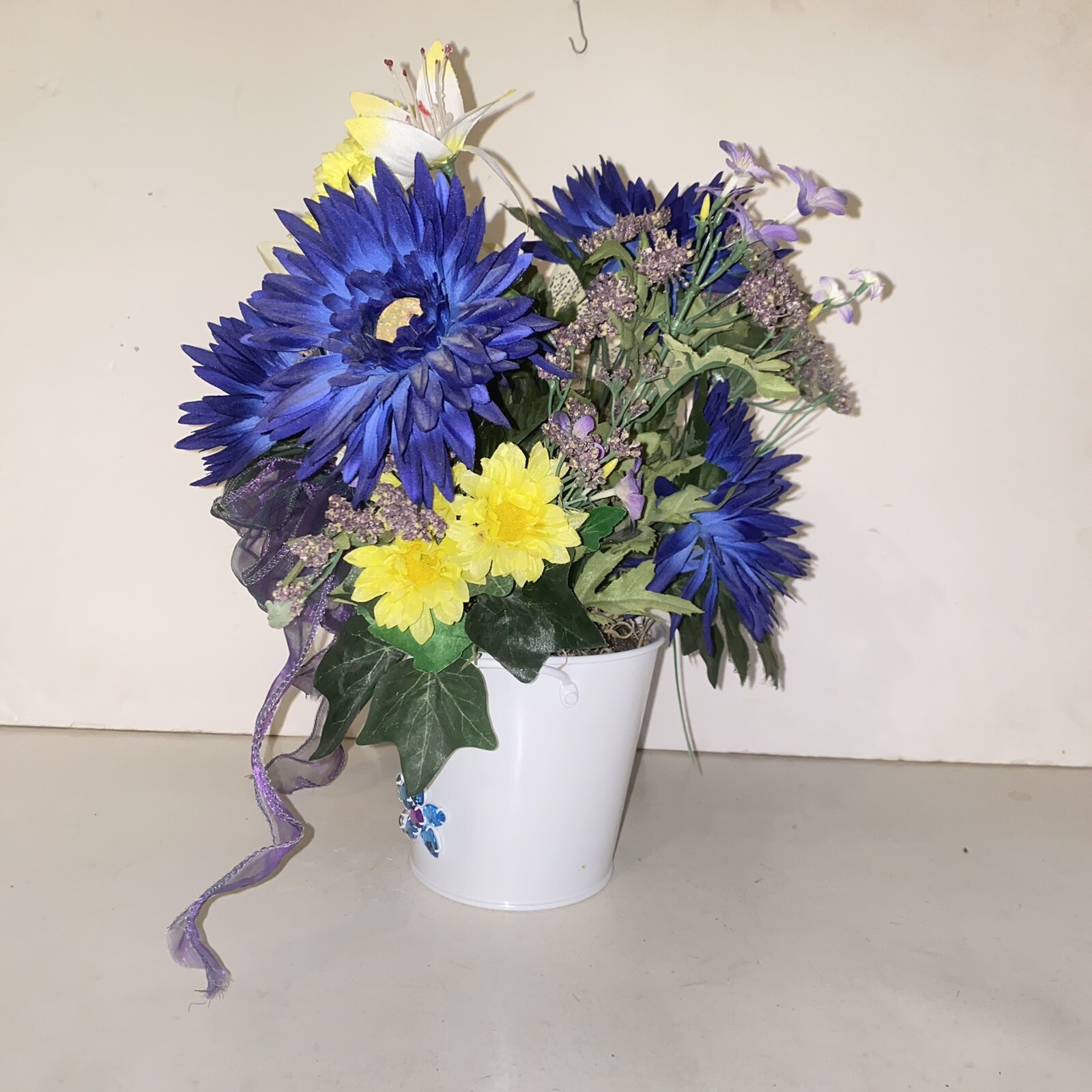 Blue Yellow & Purple Flower Arrangement in Rhinestone Jeweled Tin Planter