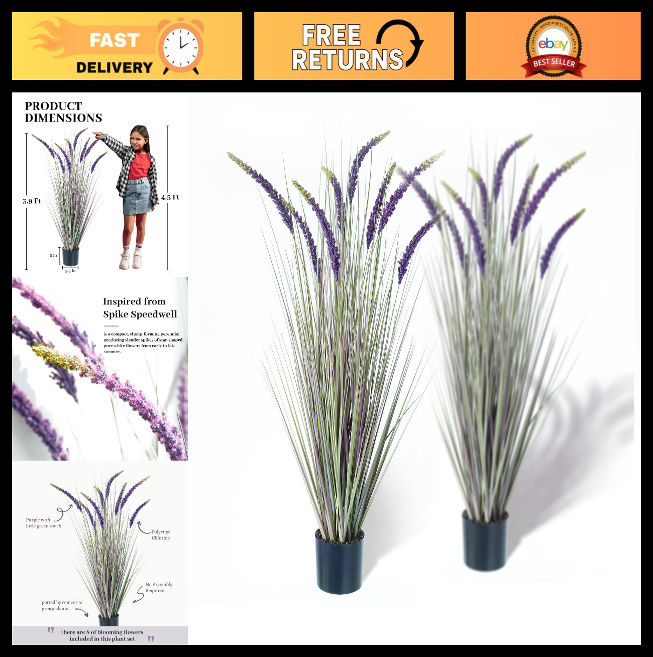 4ft 2-Pack Faux Veronica Speedwell Grass – UV Resistant Purple Plant, Realistic