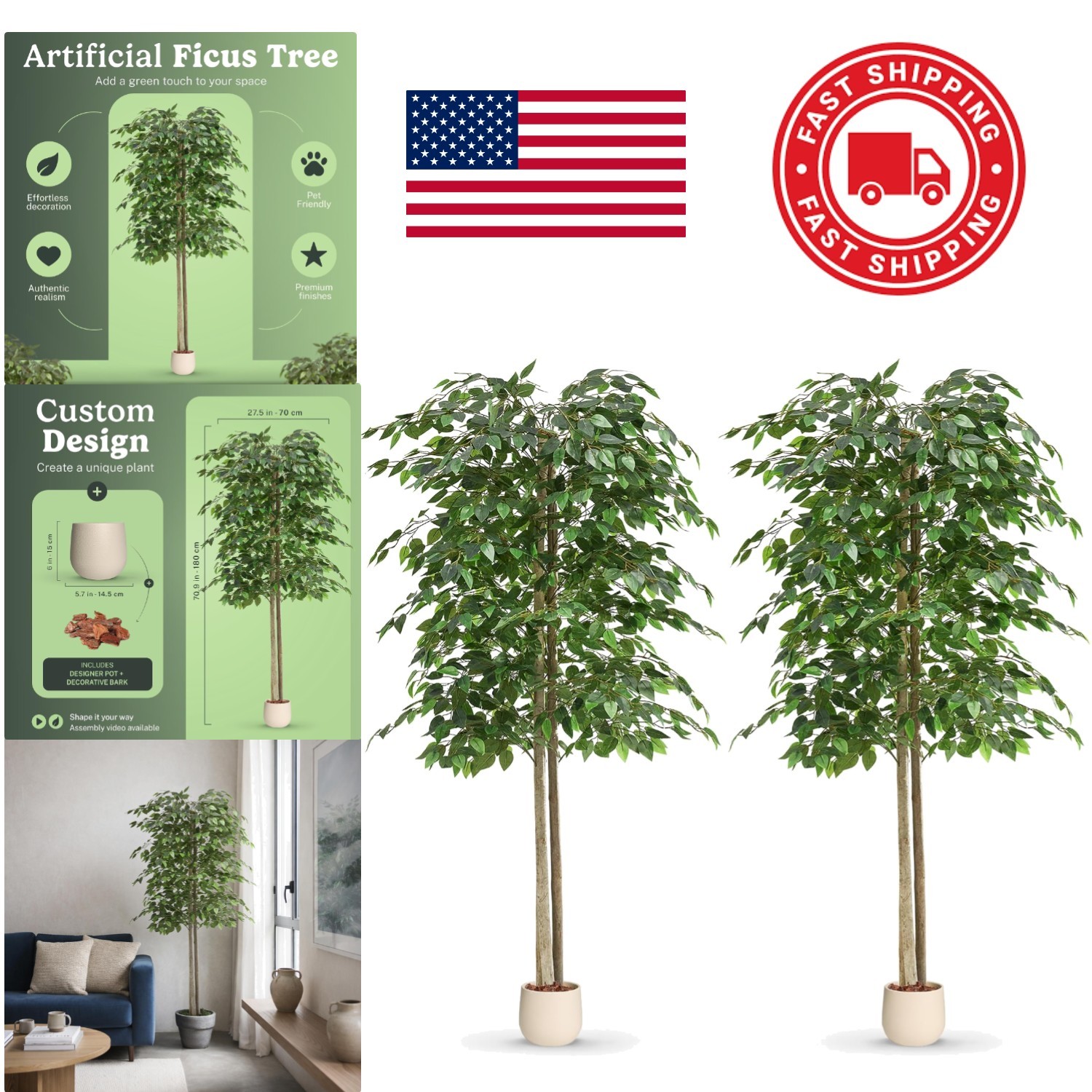 Tall Faux Ficus Plants 6ft Pre Potted with Wood Chips for Home and Office Decor