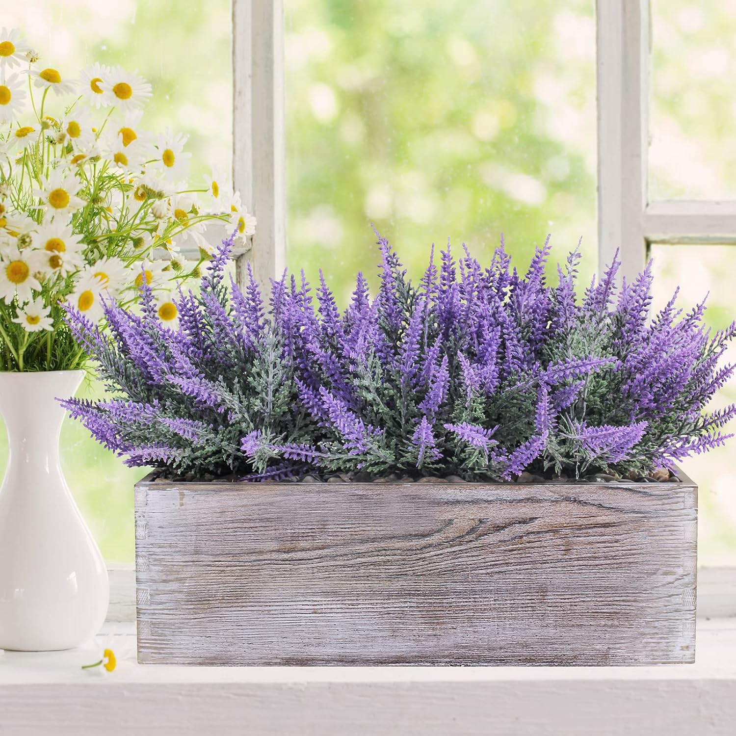 Fake Lavender Flower Arrangement in Rustic Rectangular Wood Planter Box Artifici