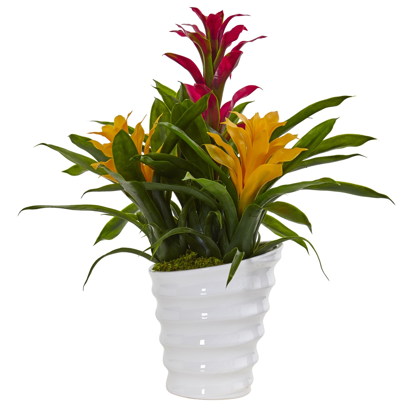 Bromeliad In White Swirl Vase faux Plant Natural Centerpiece