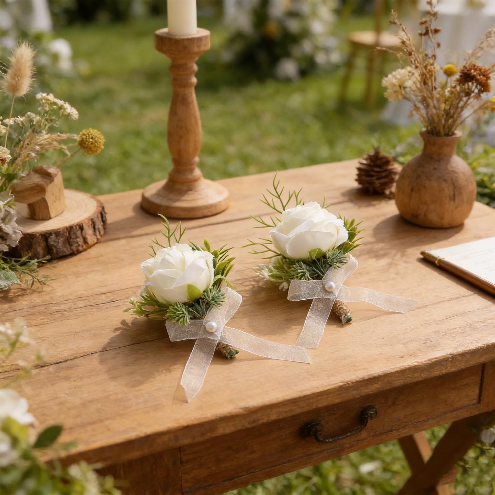 2pcs White Rose Boutonniere for Men Artificial Rose Flower for Wedding Flower…