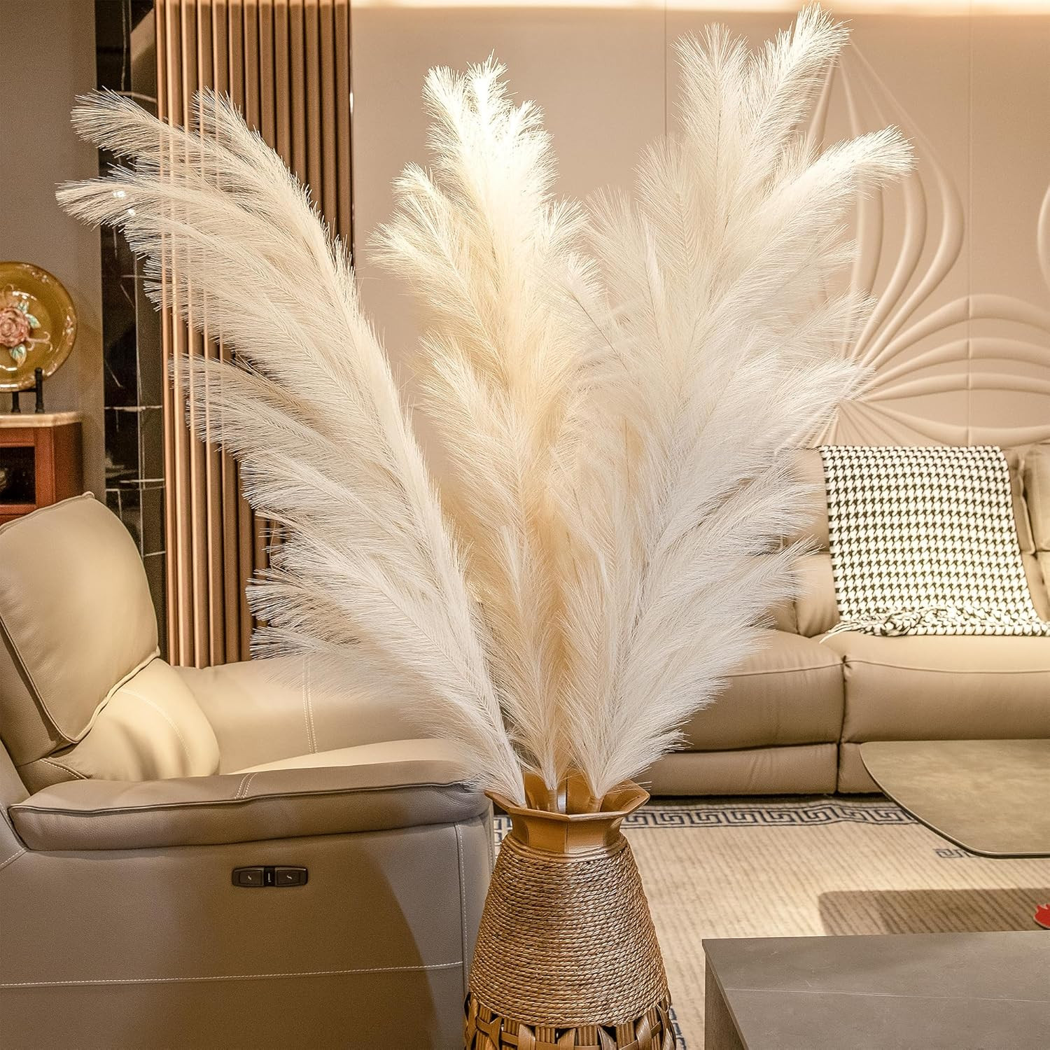 3Pcs 71″ Large Pampas Grass Decor, Tall Faux Fluffy Artificial Dried Pompous Gra