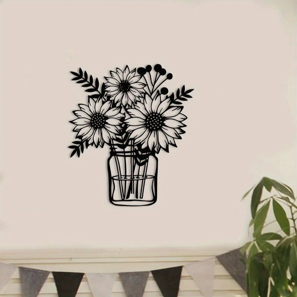 Black Sunflower Metal Wall Vase Sculpture – Nature-Inspired Bathroom Decor