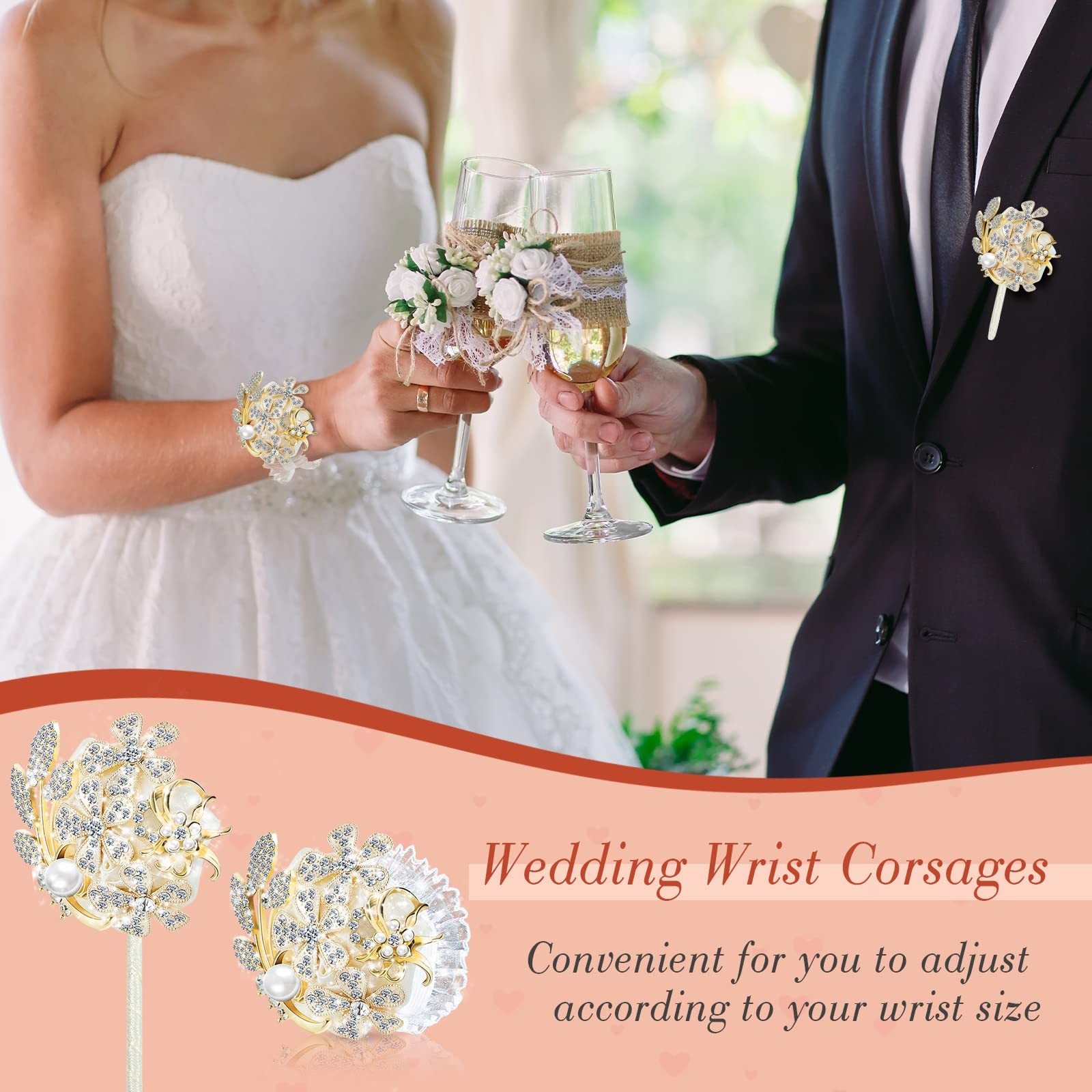 2 PCS Rhinestone Wrist Corsage And Boutonniere Set Artificial Flower Prom