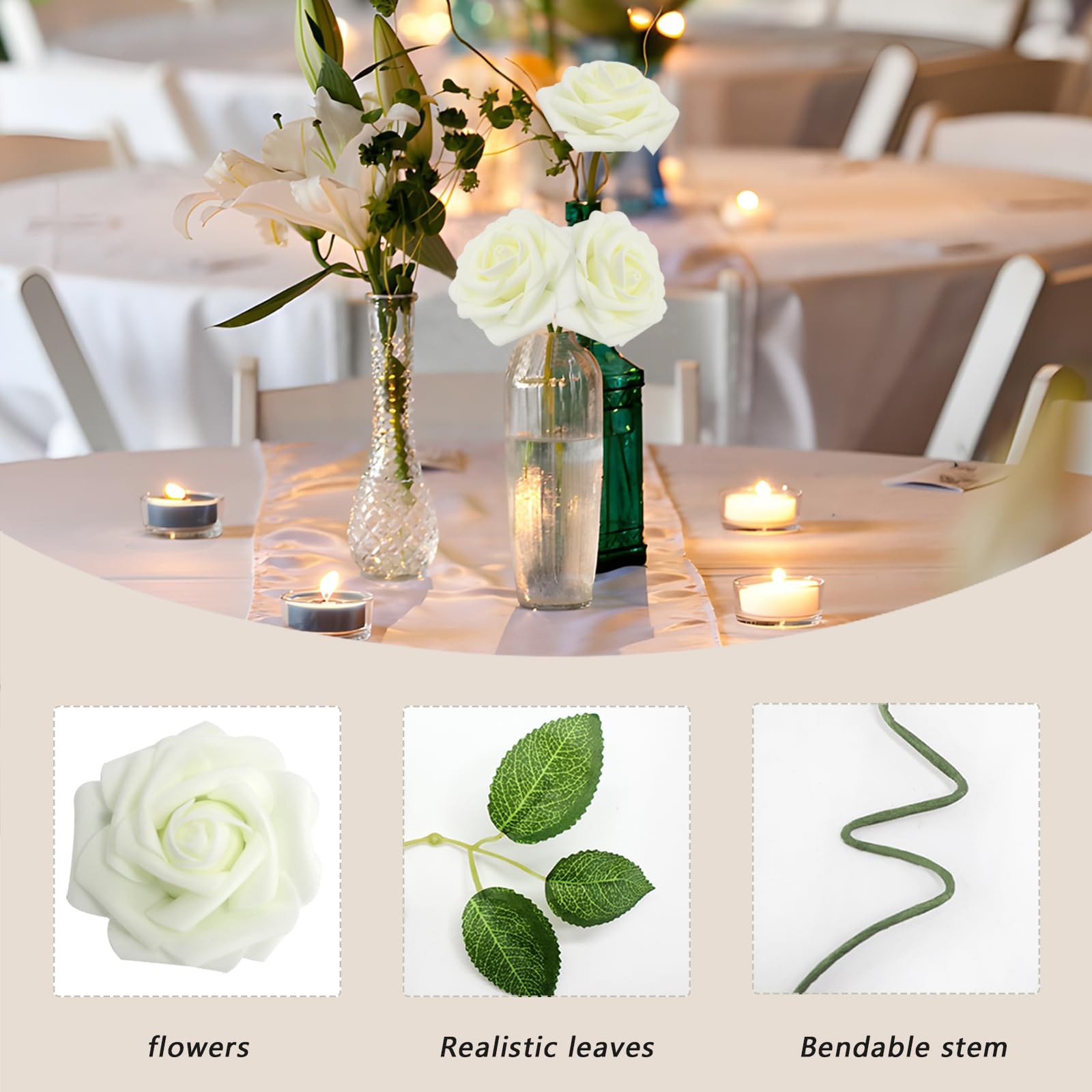 100PCS Ivory Realistic Roses – Artificial Latex Foam Flowers with Bendable St…