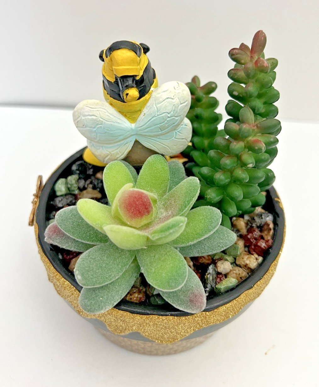 Handmade Gnome Planter Pot Fake Cactus Bumble Bee Theme Artificial Succulent