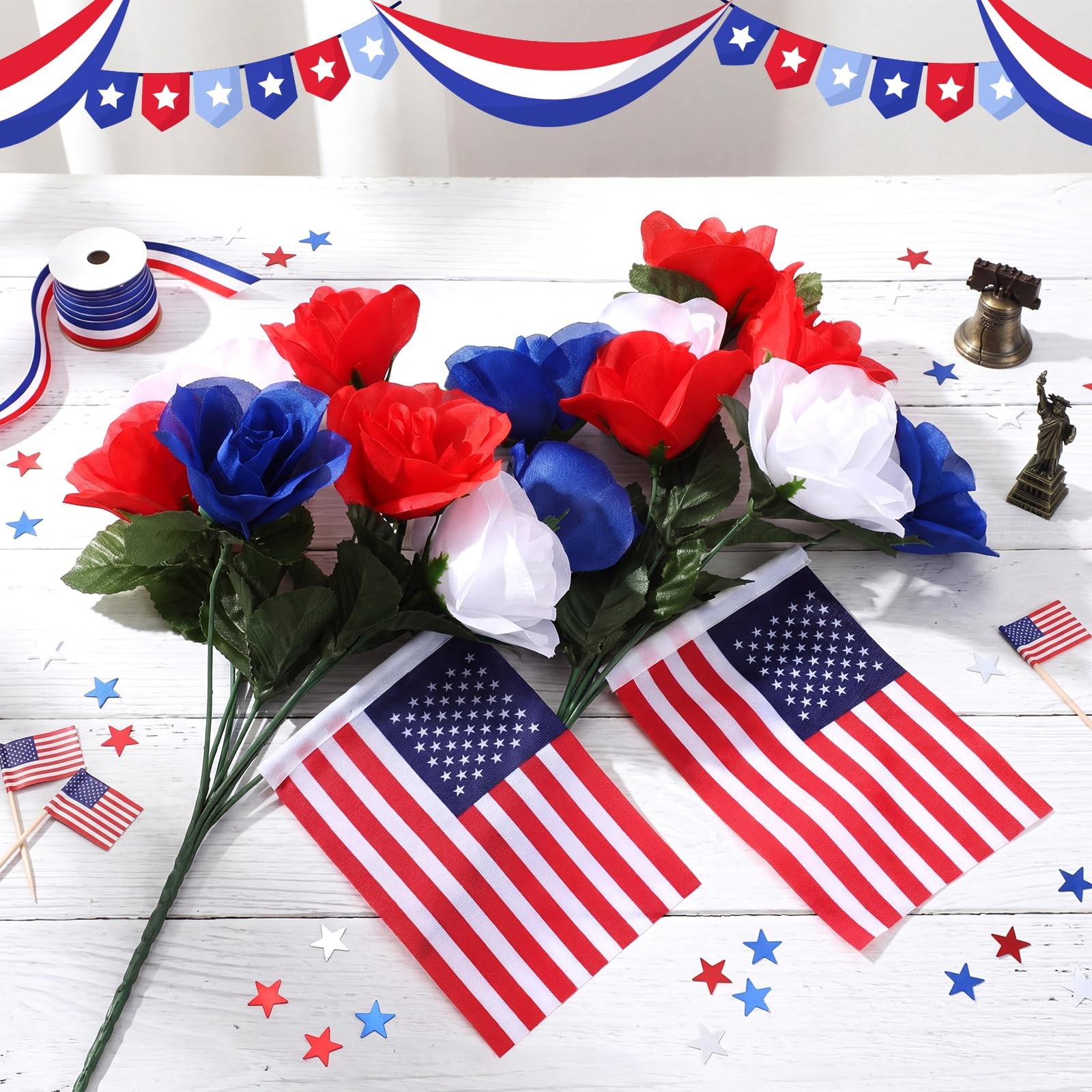 24 Bundles 4th of July Patriotic Artificial Flowers Bulk Red Blue and White F…