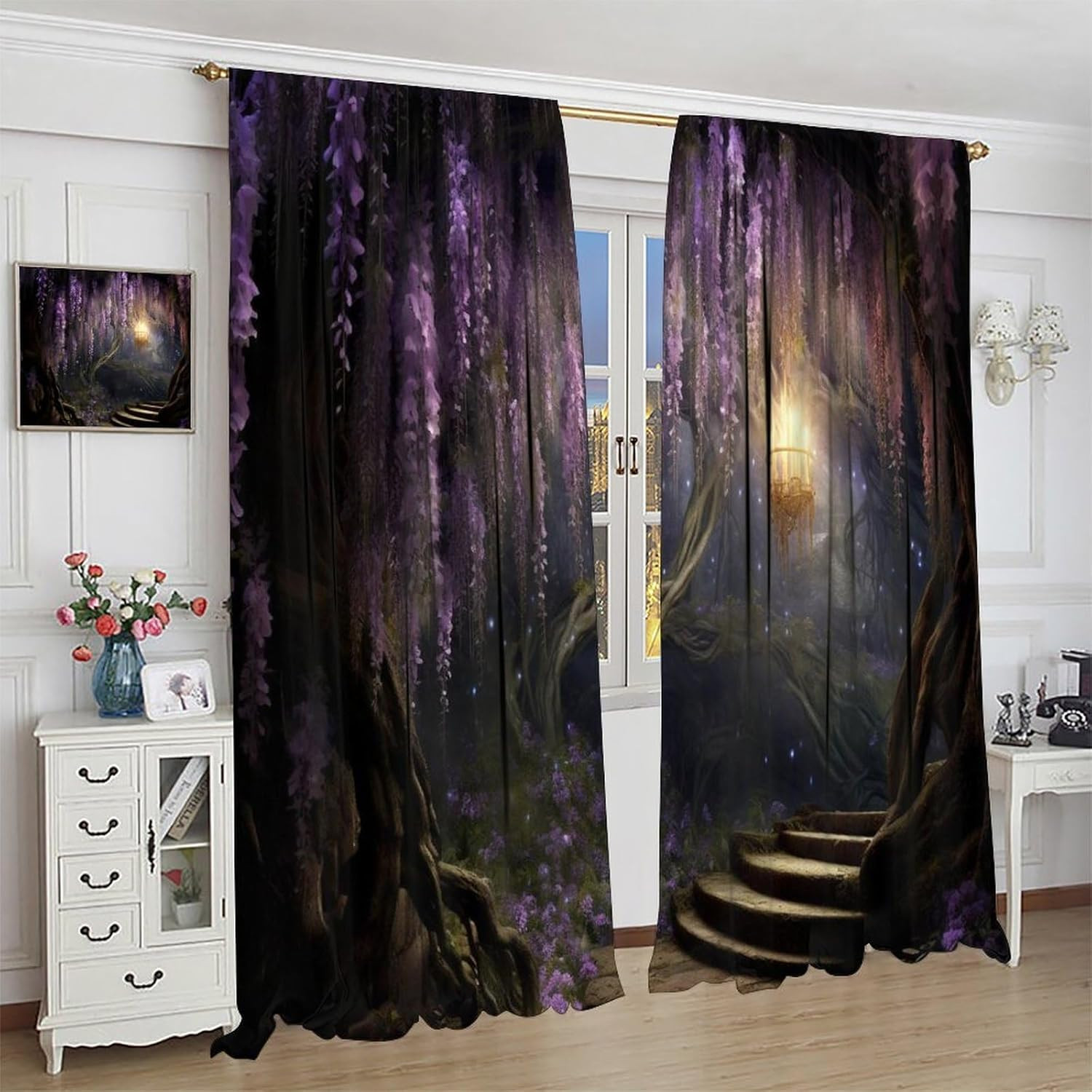 Fantasy Forest Curtains, Enchanted Wonderland Purple Wisteria Flower Lanterns Na