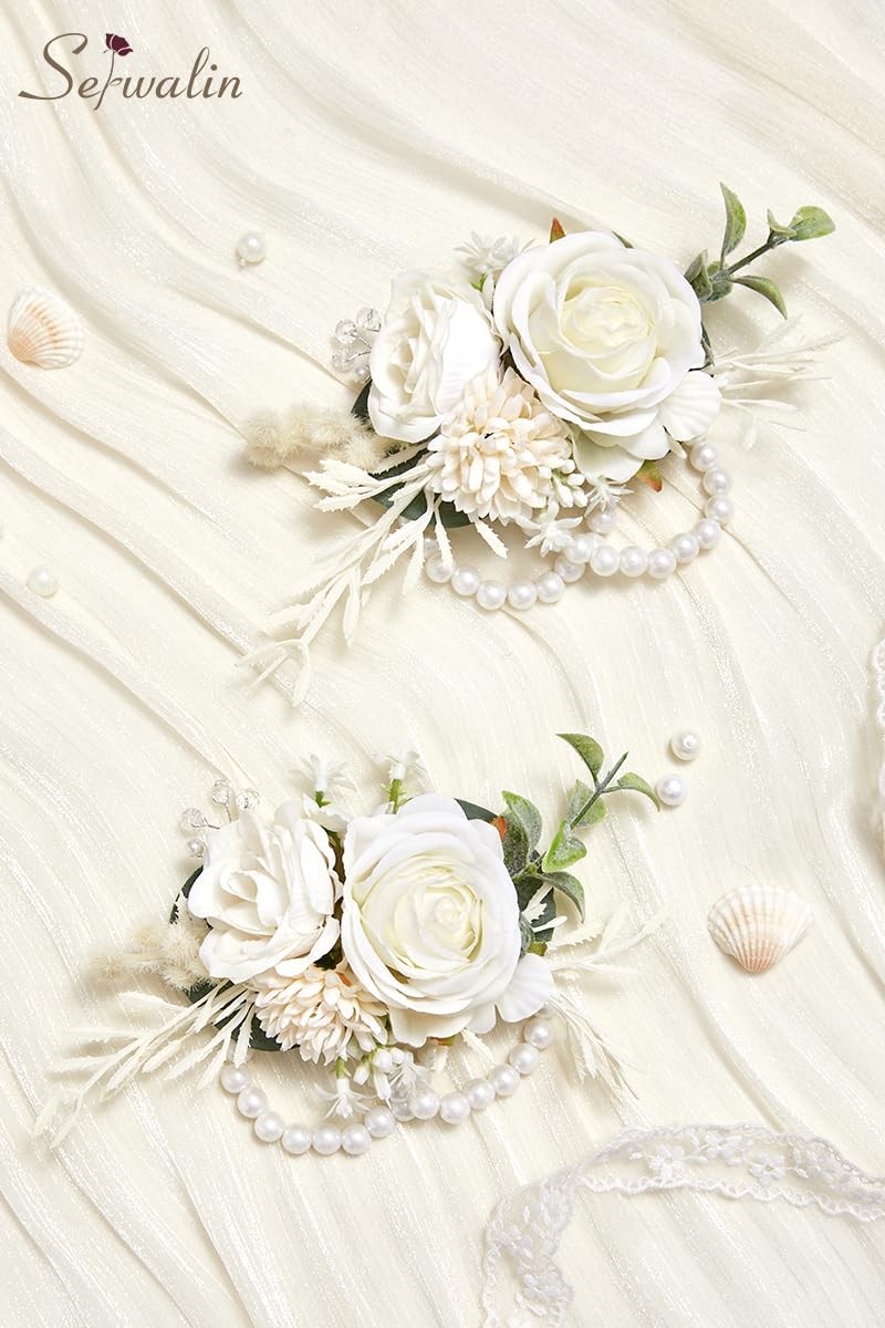 2 PCS White Wrist Corsage Wedding Wristlet Bridesmaid Artificial Flowers