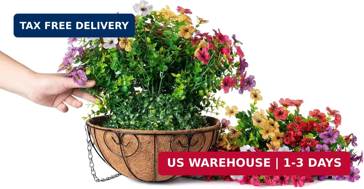 HyeFlora Artificial Faux Hanging Plants Flowers Basket for Summer Outdoor Outsid