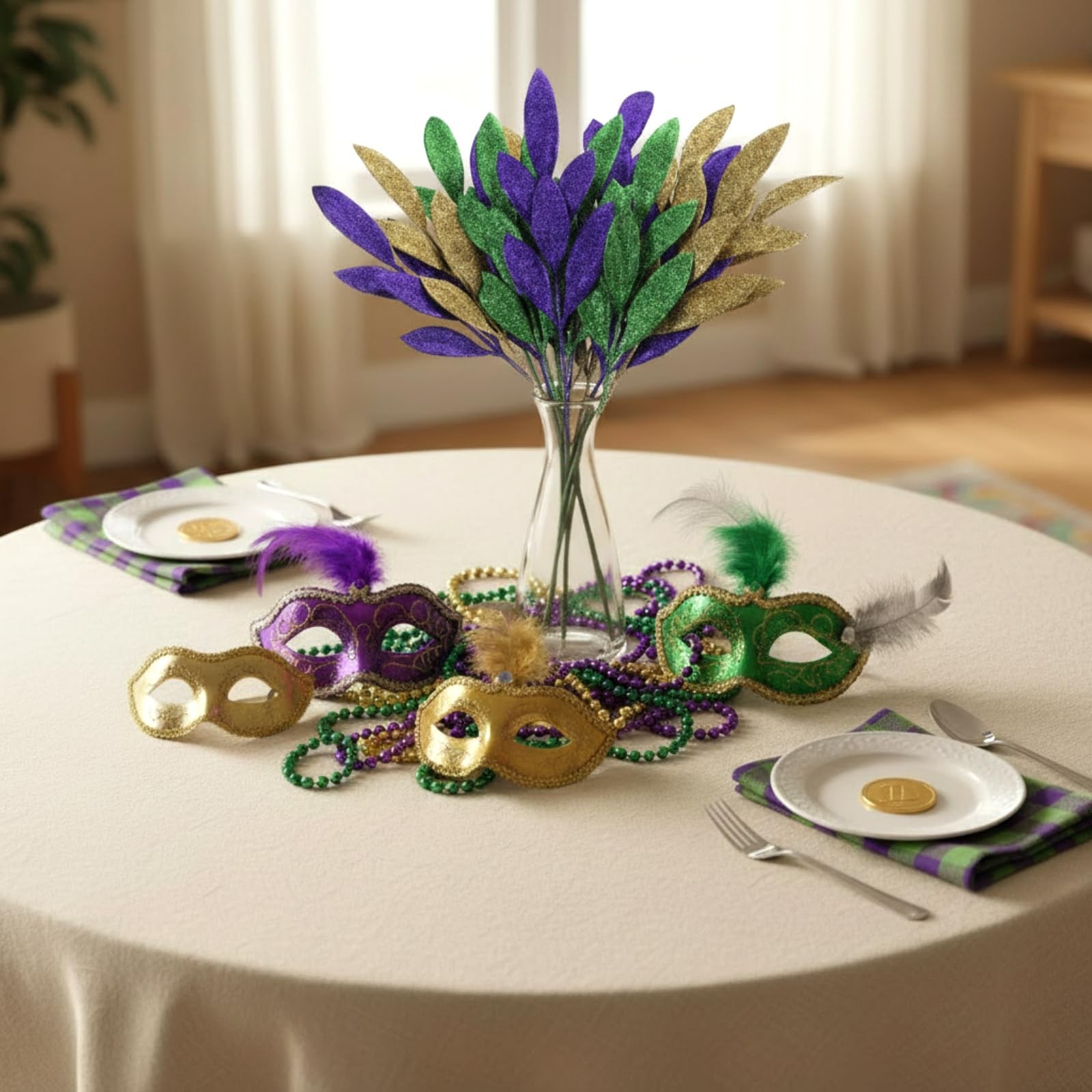 24 Pcs Mardi Gras Decorations Leaf Picks Vase Filler, 14″ Tall Purple Green G…