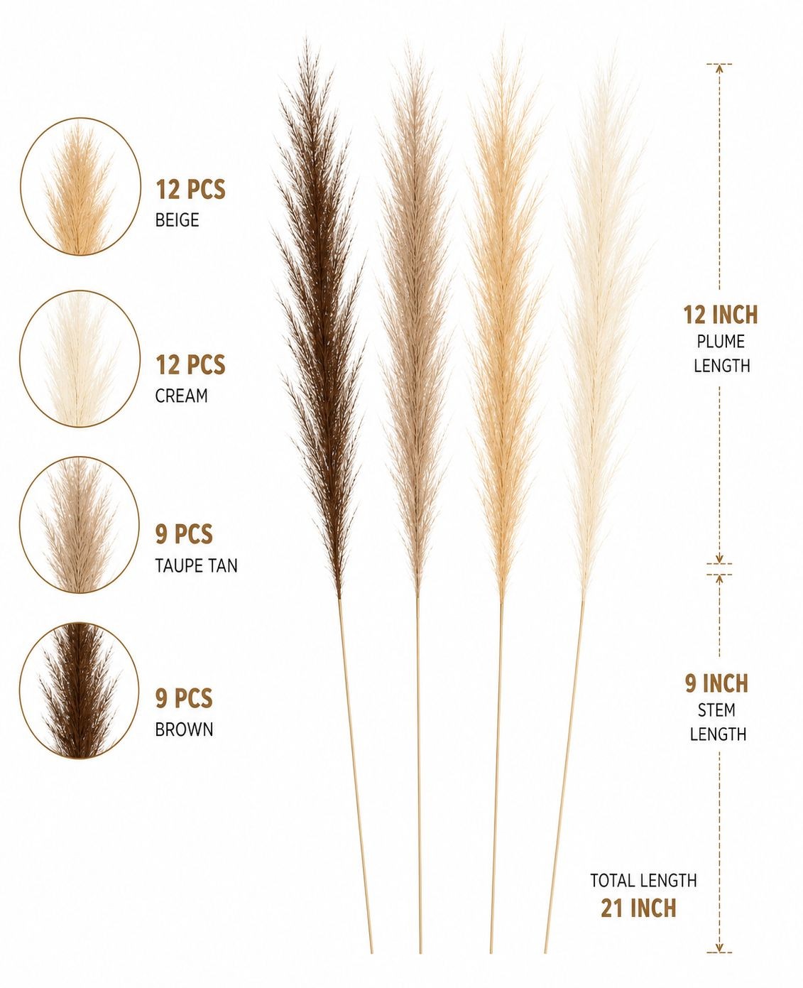 42 Piece Faux Pampas Grass Set Neutral Pampas Stems Beige Cream Taupe Brown Boho