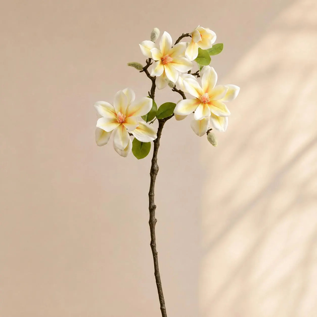 Set of 2 Faux Magnolia Stems, Cream Yellow Artificial 3-Bloom Floral Branches