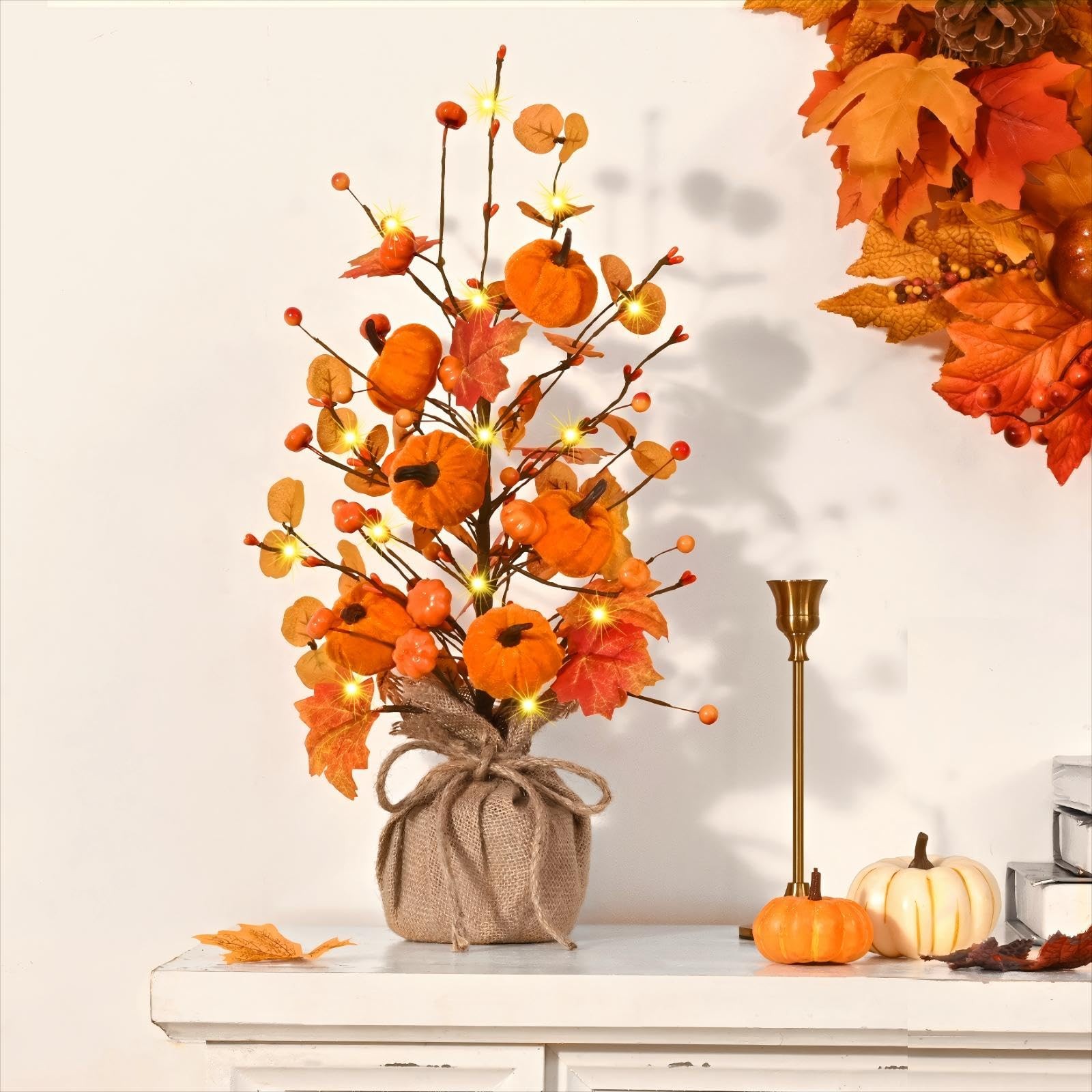1 PC 18-Inch Artificial Pumpkin Maple Leaf Tree with Lights Fall Table Decor