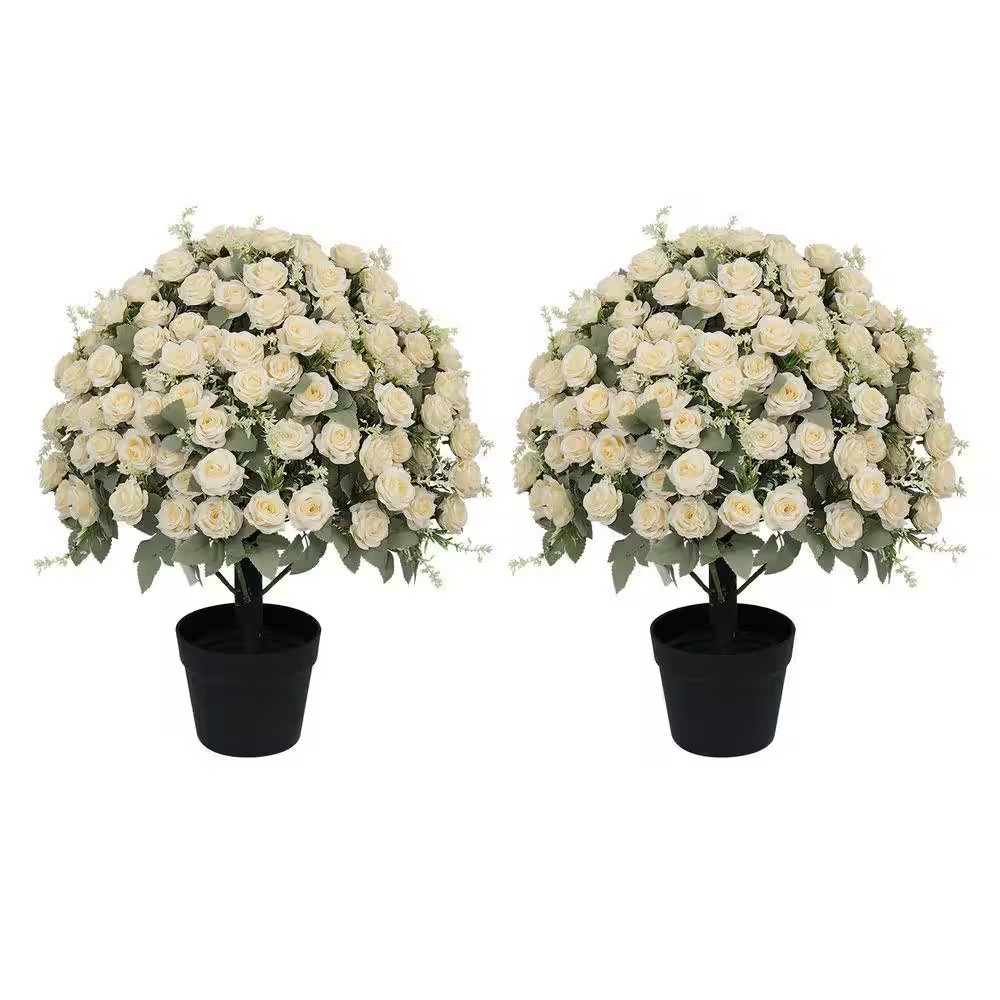 24 In. White Green Artificial Decorative Rose Set of 2 in Black Pot, Lifelike Fa