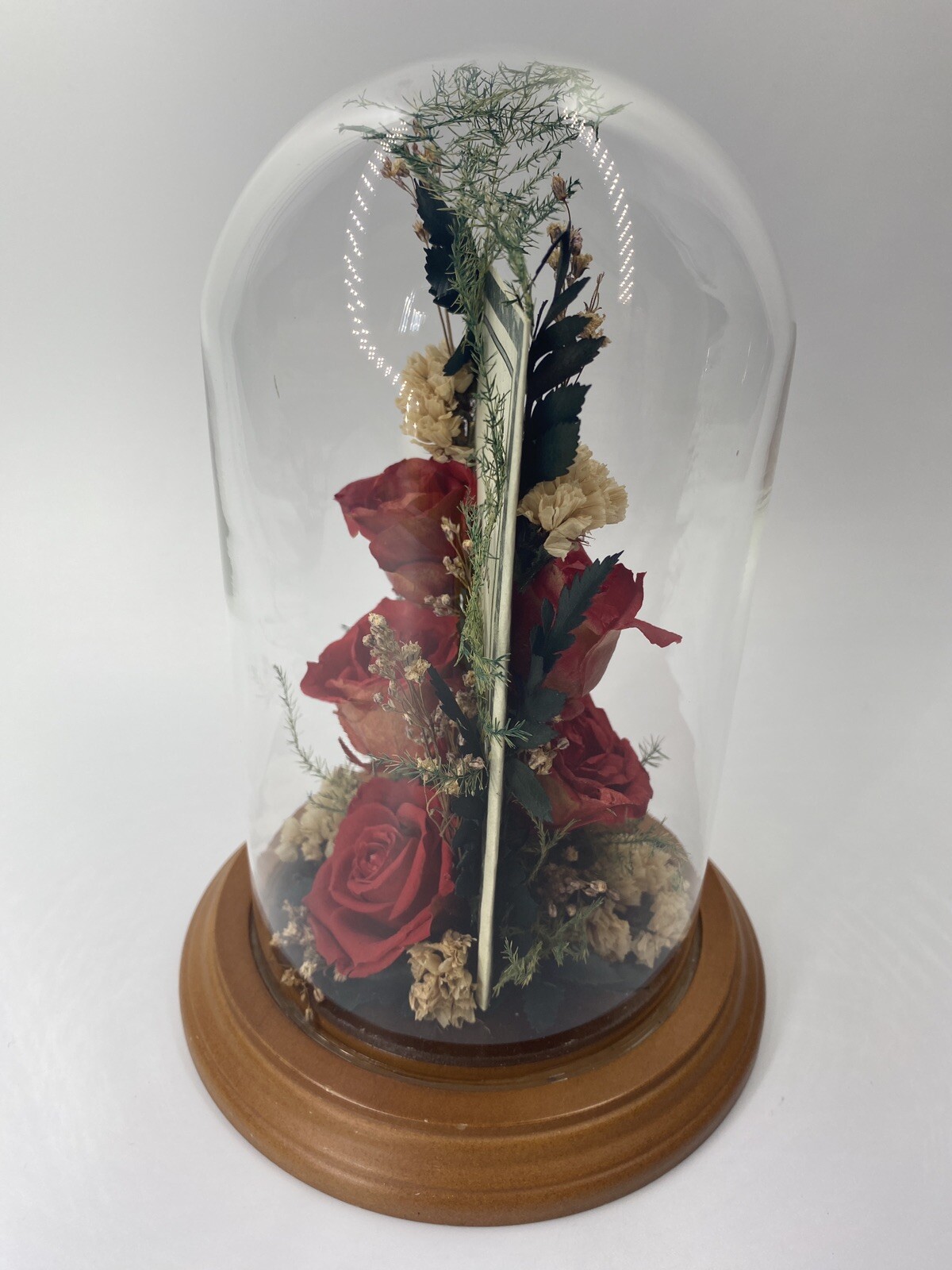 Vintage Dried Red Roses Flower Arrangement Preserved in 7.5” Glass Dome