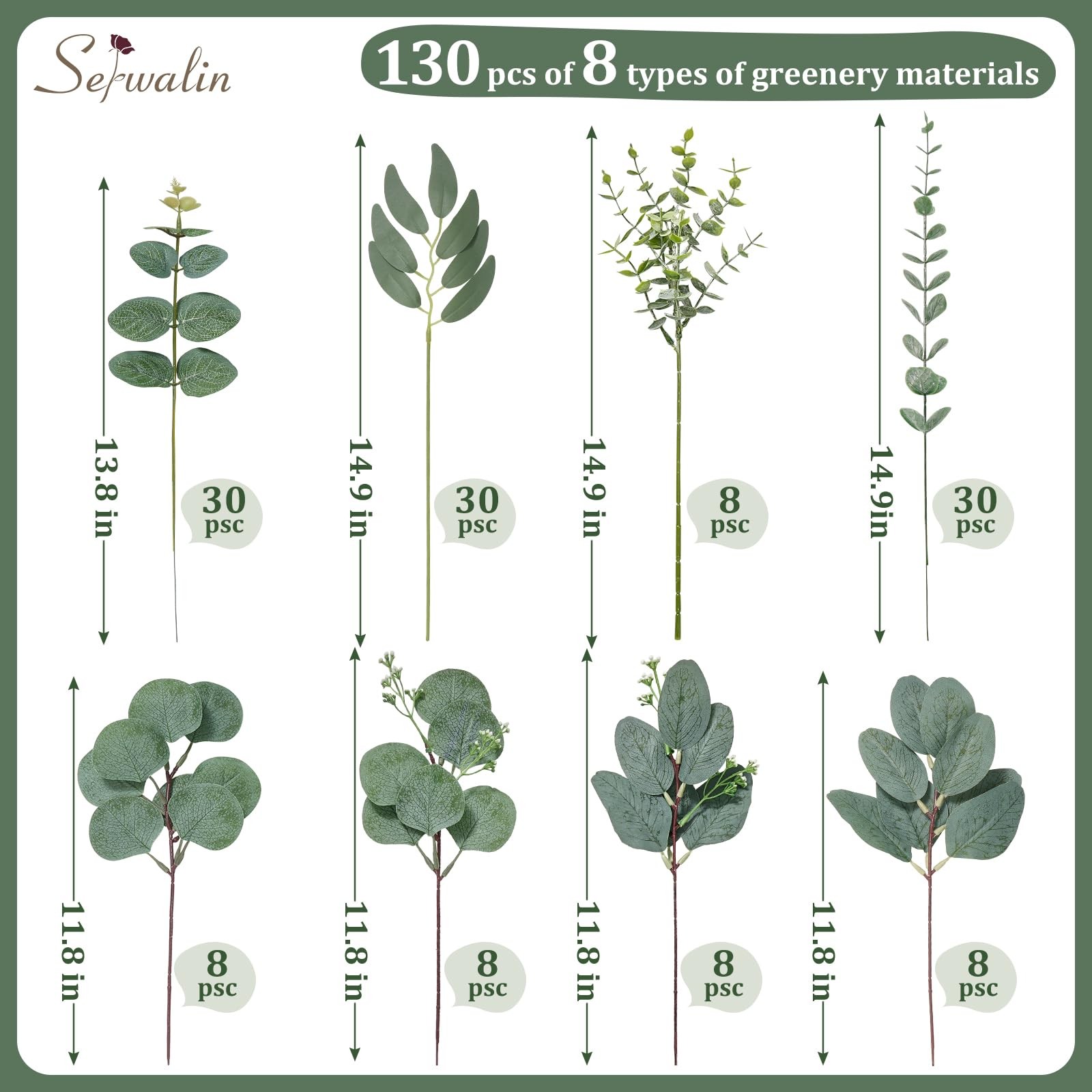 130 Pcs 8 Kinds Mixed Eucalyptus Stems Bulk,Artificial Greenery Silver Dollar…