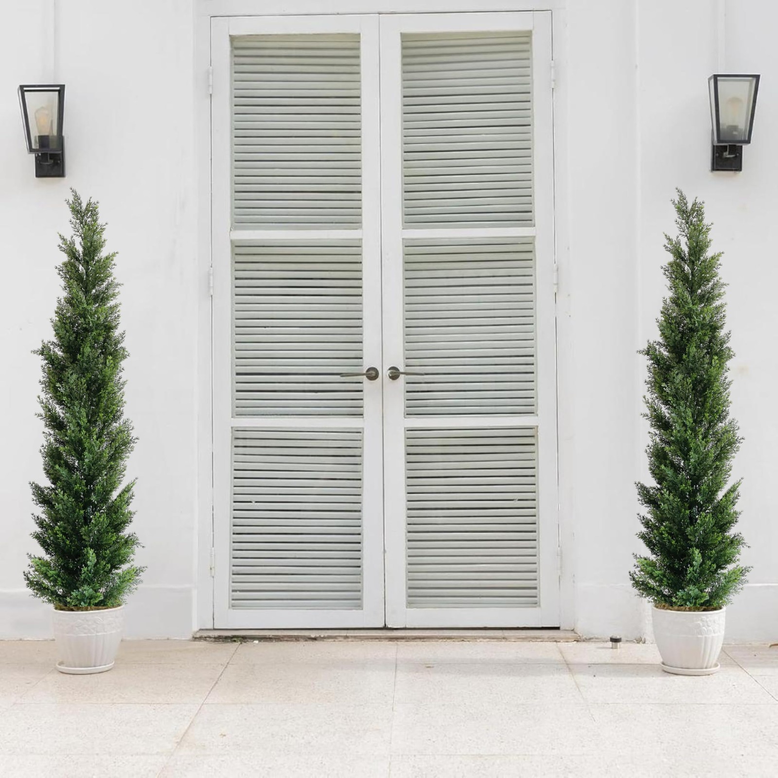 5 Feet Outdoor Artificial Topiary Cedar Tree, Set of 2 UV Resistant Potted Fa…