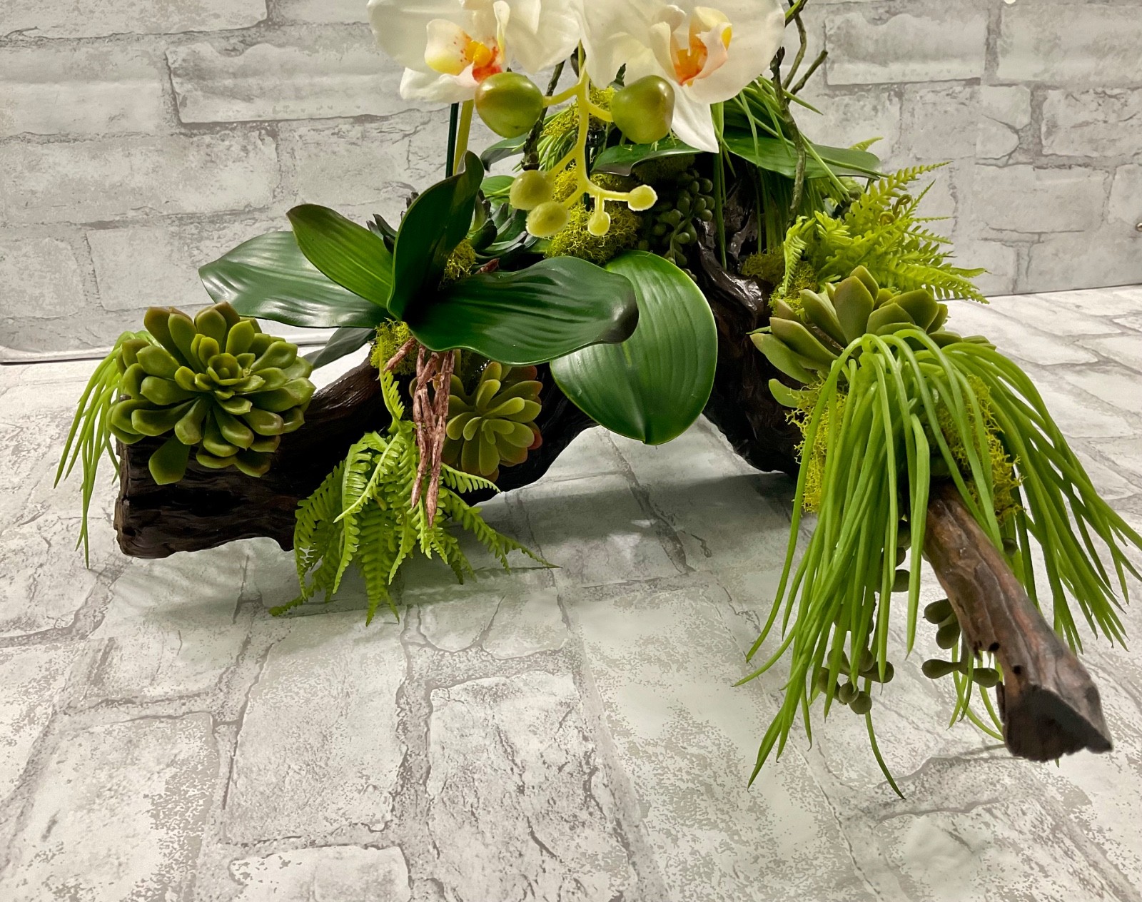 Large Driftwood Orchid Arrangement, White Real Touch Orchids Succulents 28’x17′