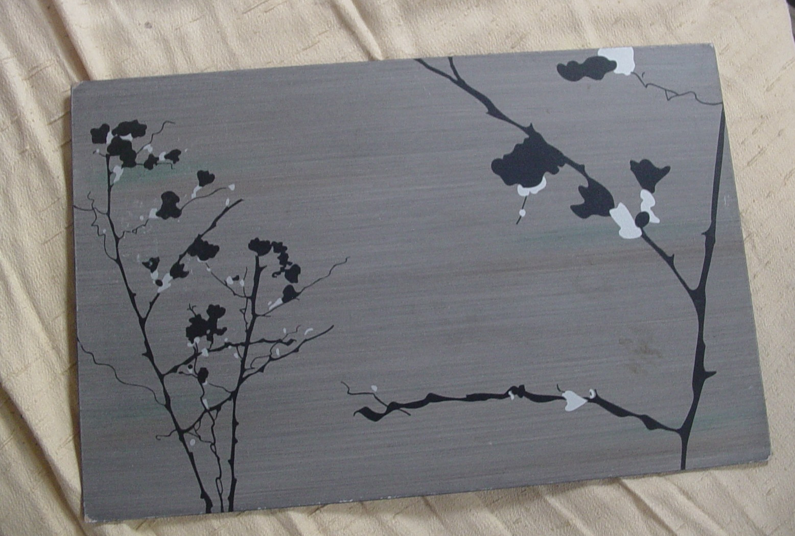 3 Japanese Panels Blossoms Gray White 11×17 In. Placemats or Wall Hangings
