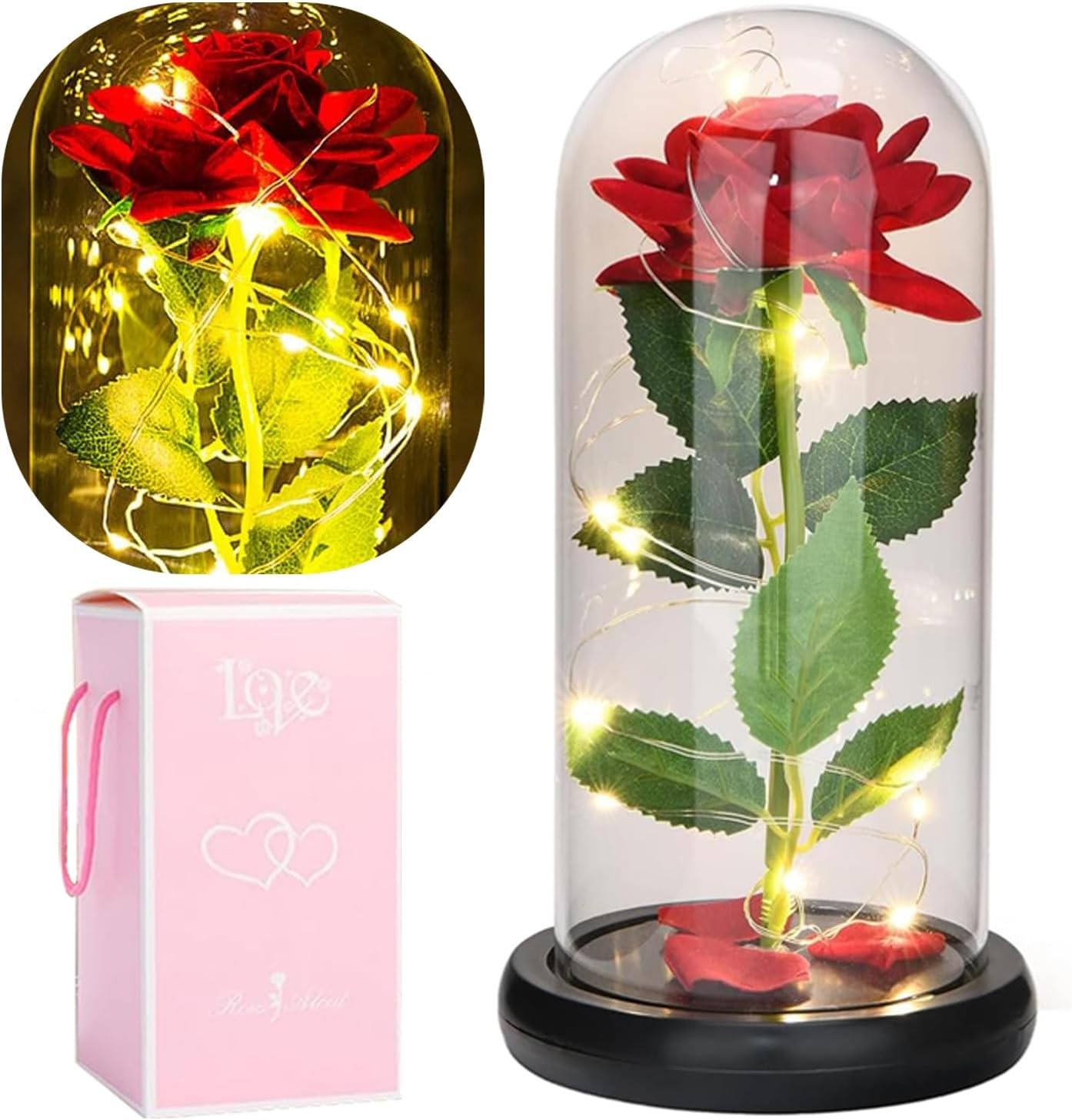 Beauty and The Beast Rose in Glass Dome, Preserved Rose Enchanted Red Silk Rose