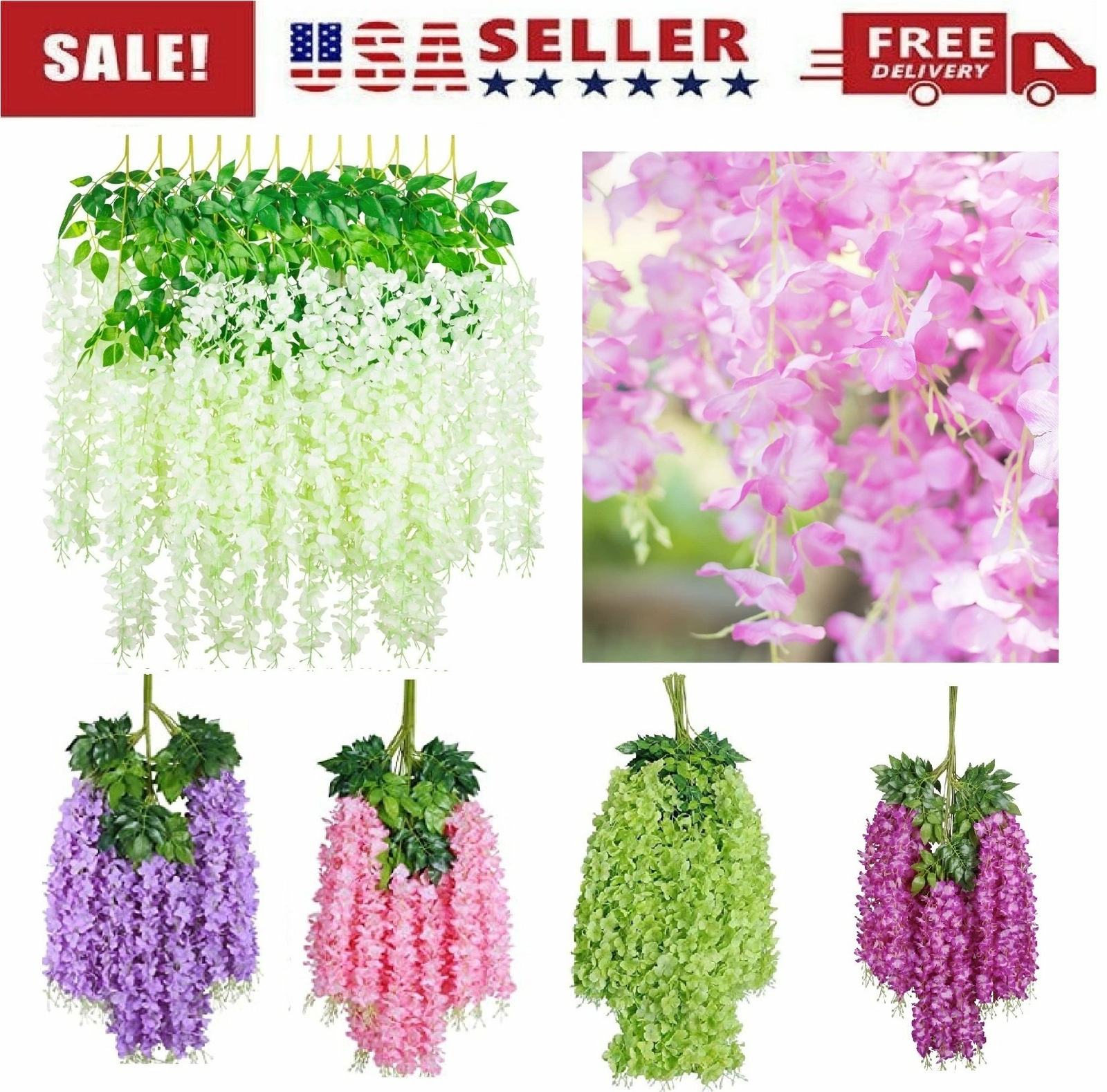 12x Artificial Flower Vine Ratta Hanging Garland Wisteria Flowers Wedding Decor