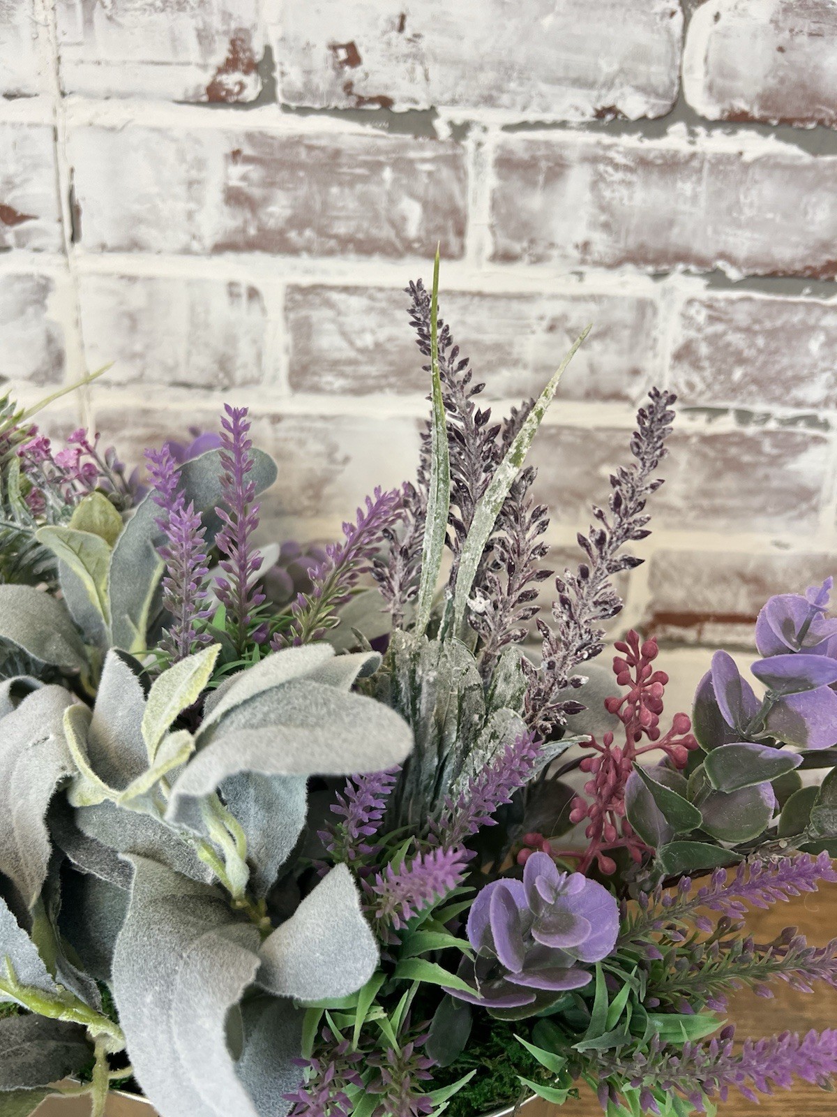 Lavender And Lambs Ear Floral Arrangement In A Galvanized Metal Container.