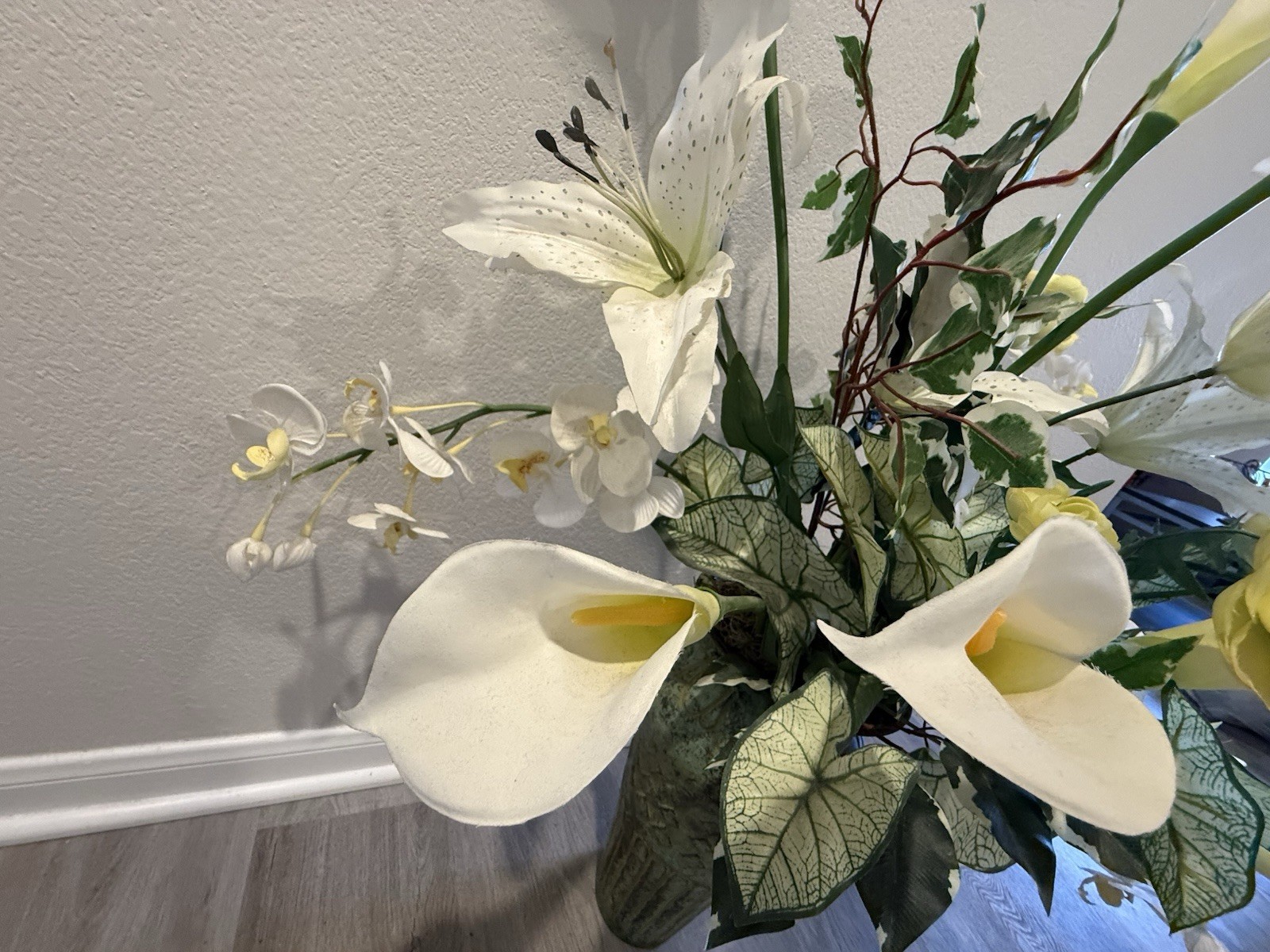 Silk Floral White Callas Lillies Yellow Roses And White Orchids Set In Textured