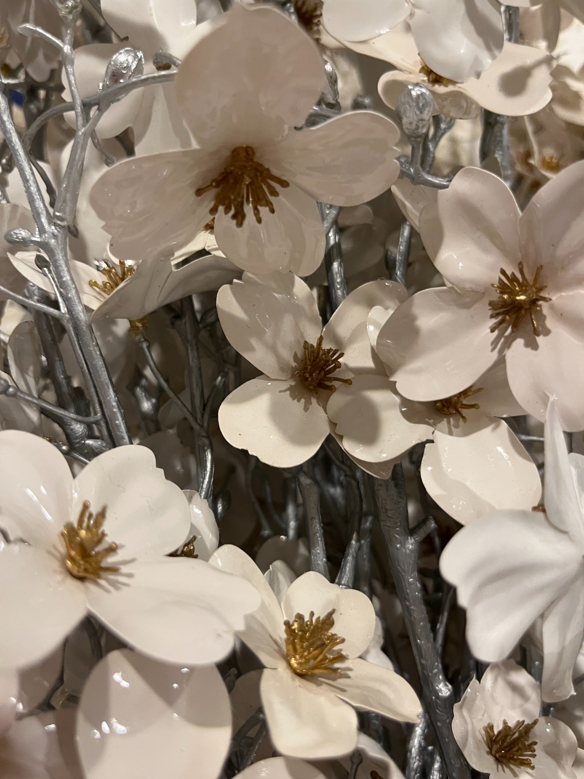White Gloss Flowers with Gold Center on Silver Stem – 42” Faux Floral Stem