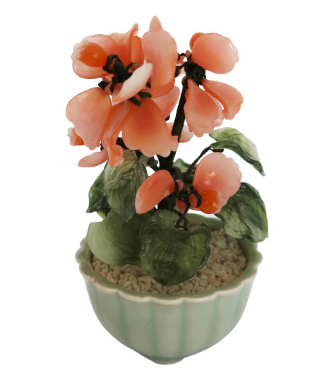 Vtg peach & green glass hand crafted artificial floral potted plant bonsai tree