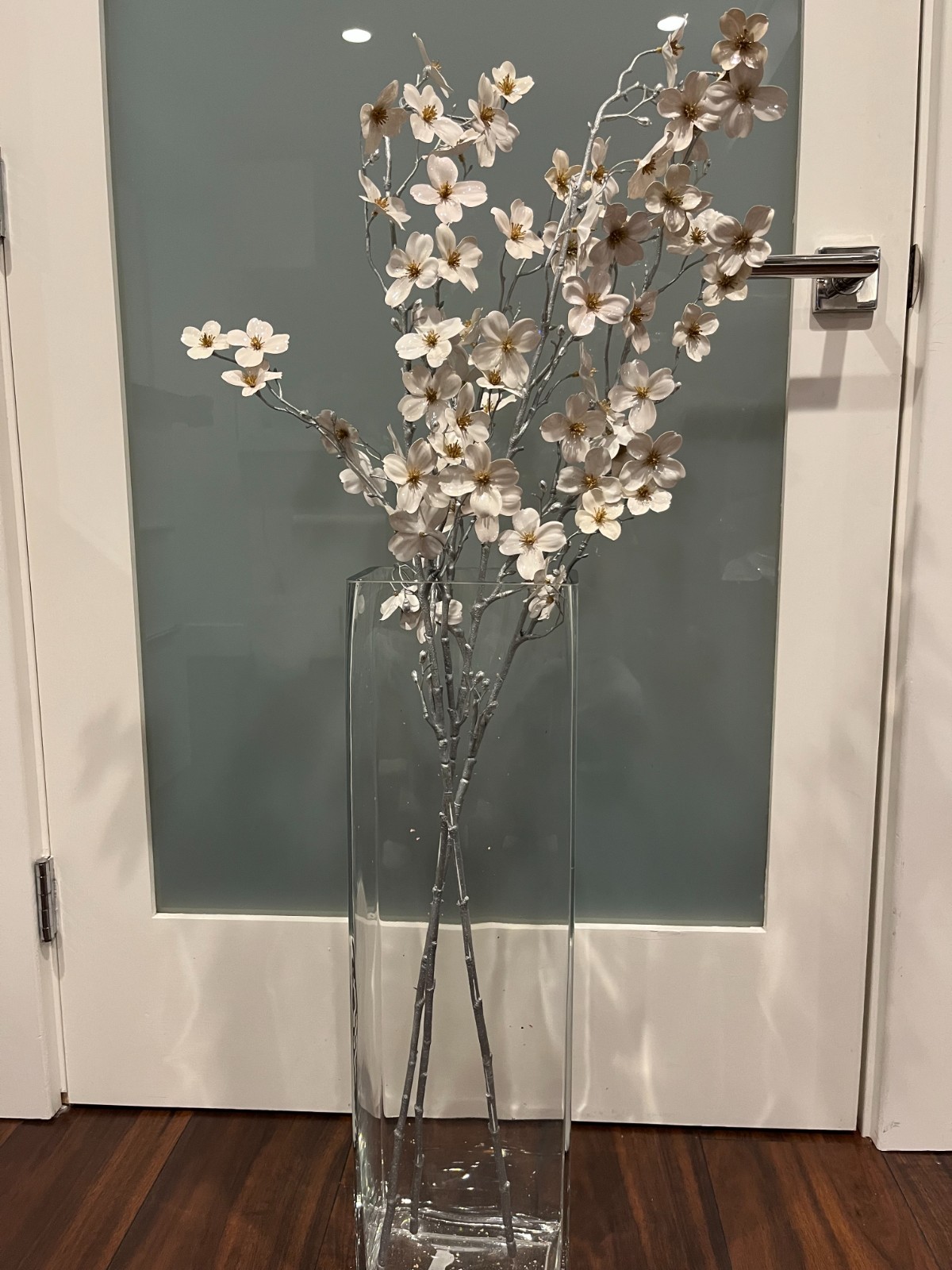 White Gloss Flowers with Gold Center on Silver Stem – 42” Faux Floral Stem