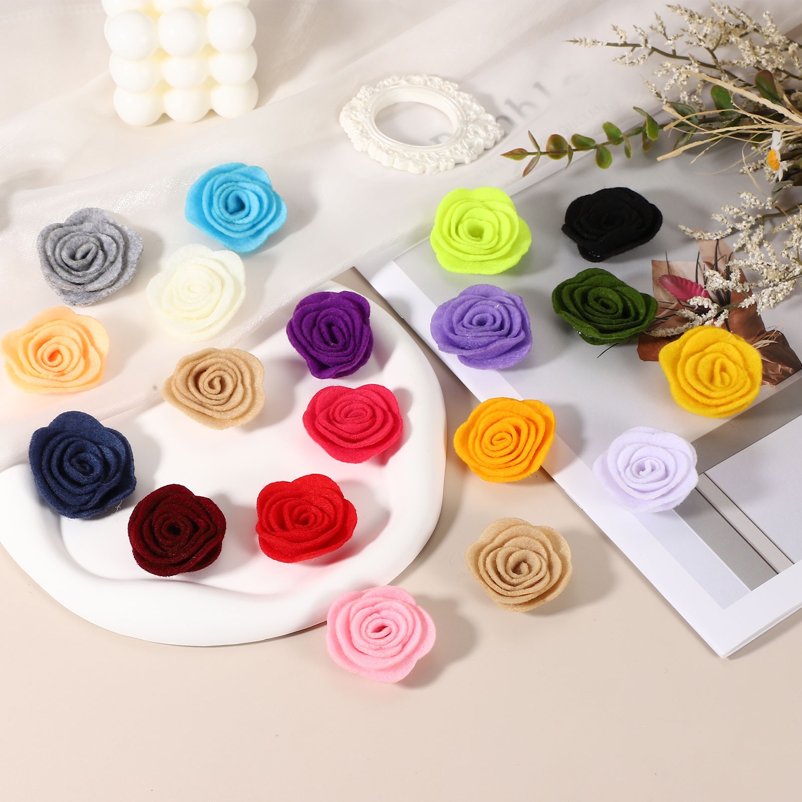 10 Pcs Felt Flowers Embellishments, Nonwoven Camellia Ornament, Rose Red