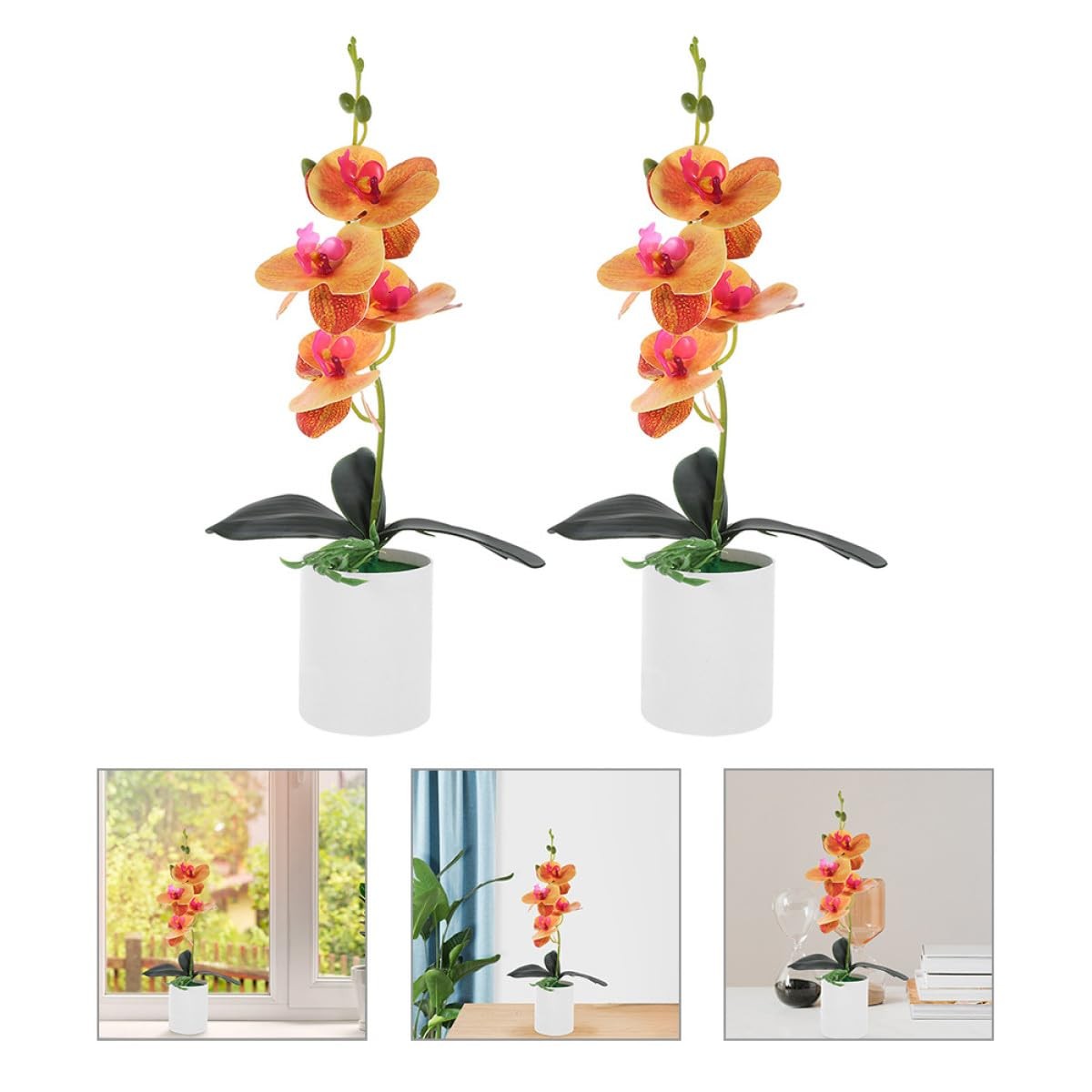 2Pcs Artificial Potted Orchid Bonsai Fake Orchid Plant Model Orange Color Fau…