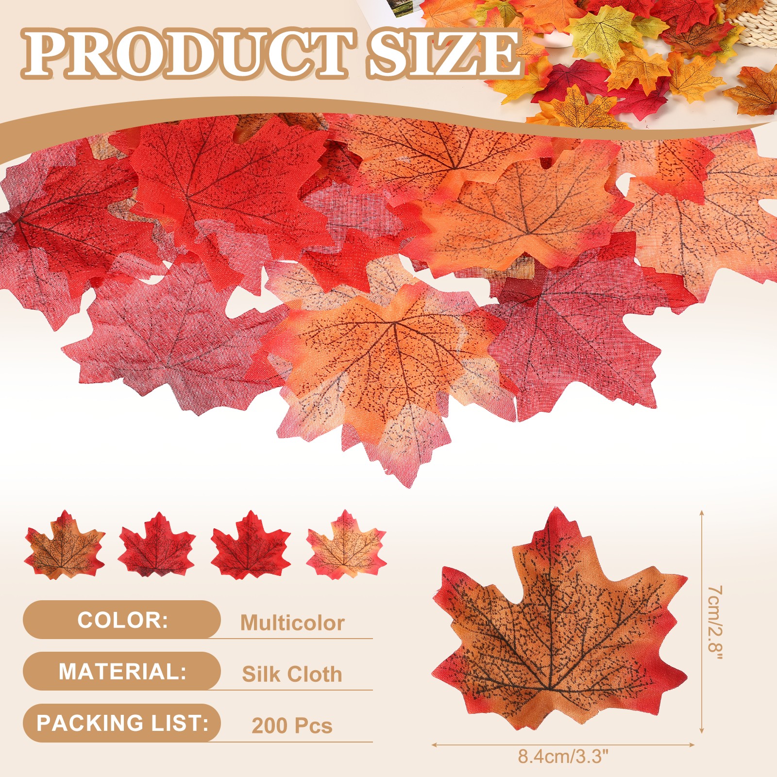 200Pcs Fall Leaves 3.3 Inch Colored Mixed Fake Leaf, Red and Orange Series